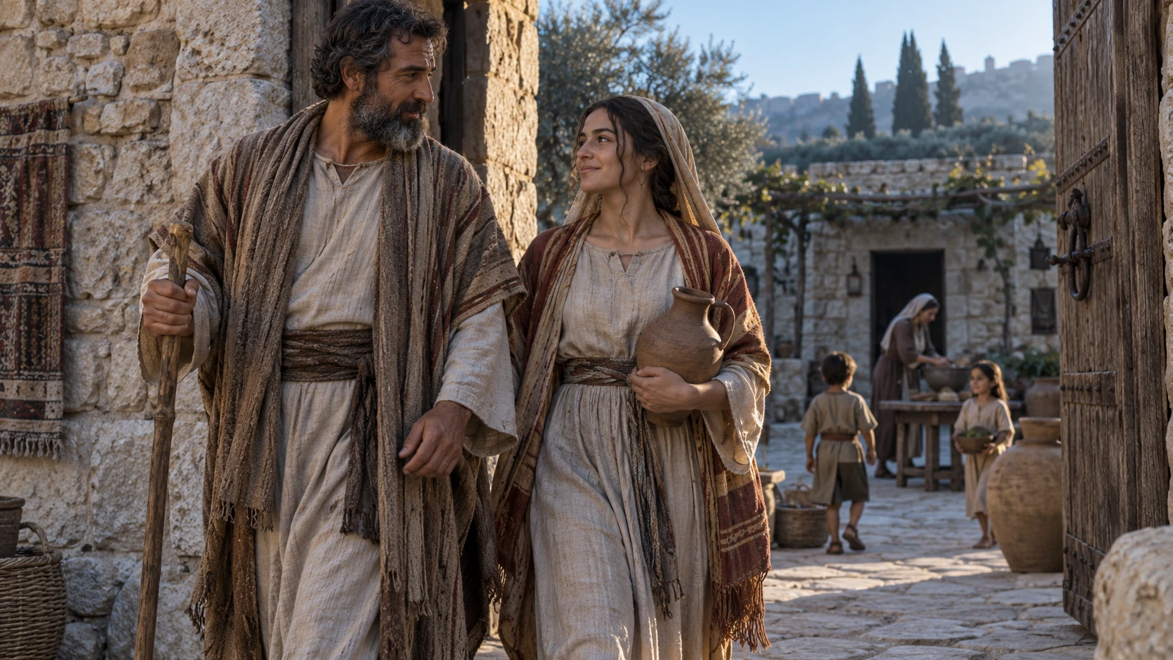 A father and adult daughter pass a gateway with a younger household in the courtyard.