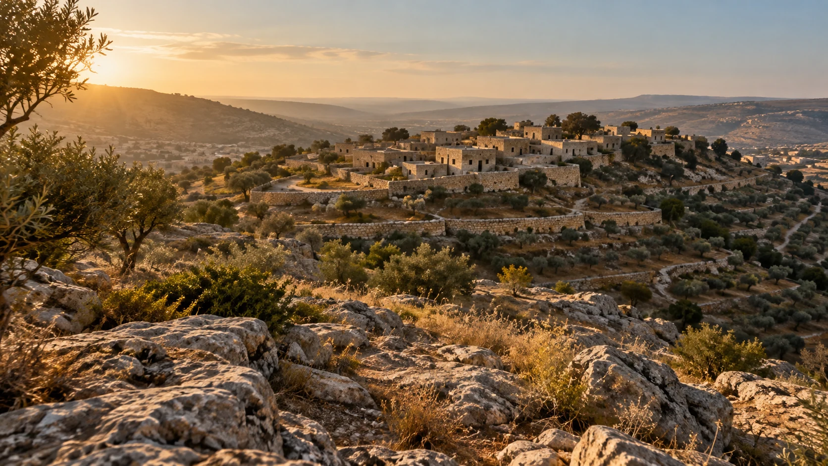 An unpeopled stone settlement crowns a terraced hill in dawn light.