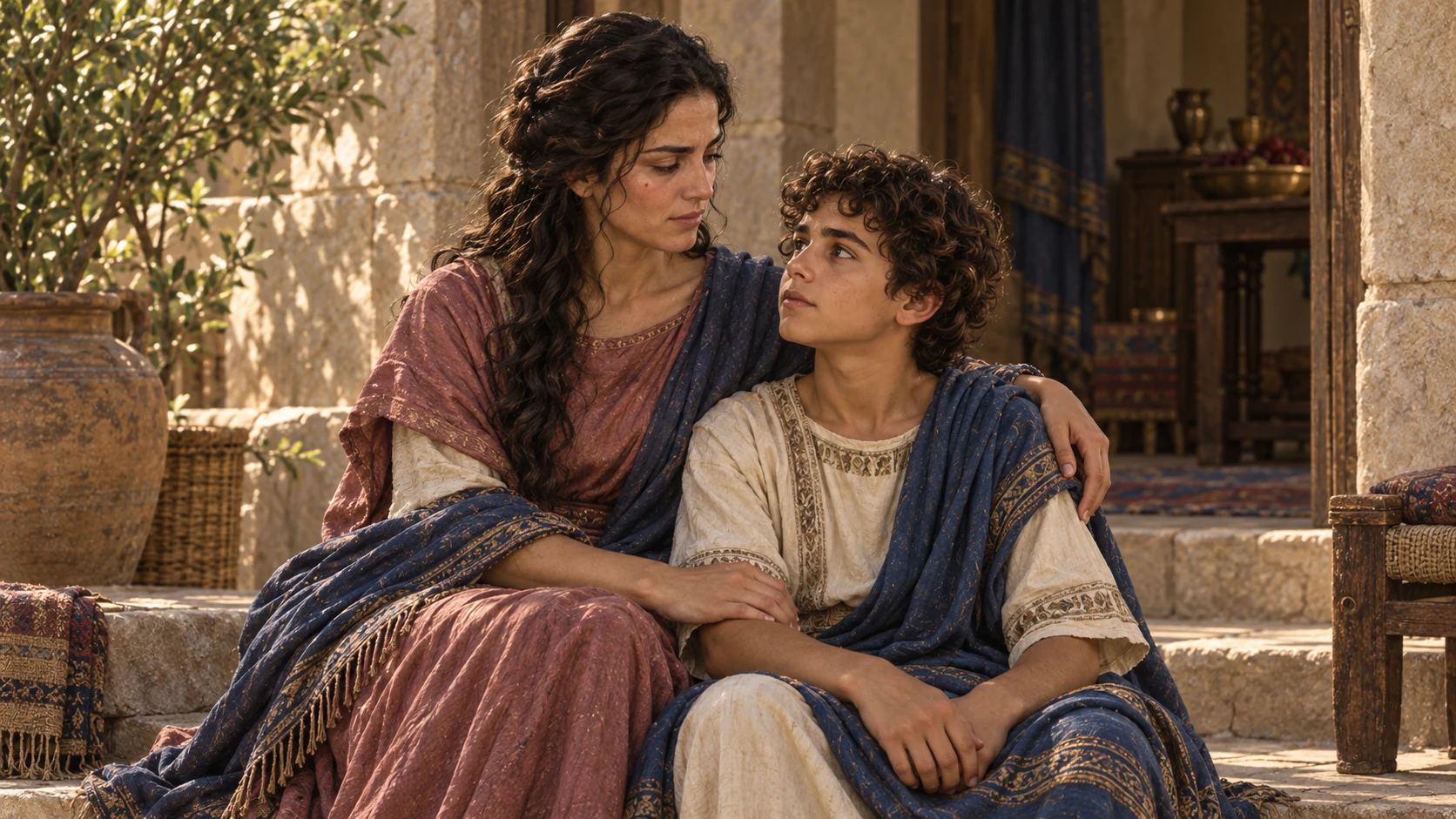 Bathsheba sits with young Solomon at a household threshold.