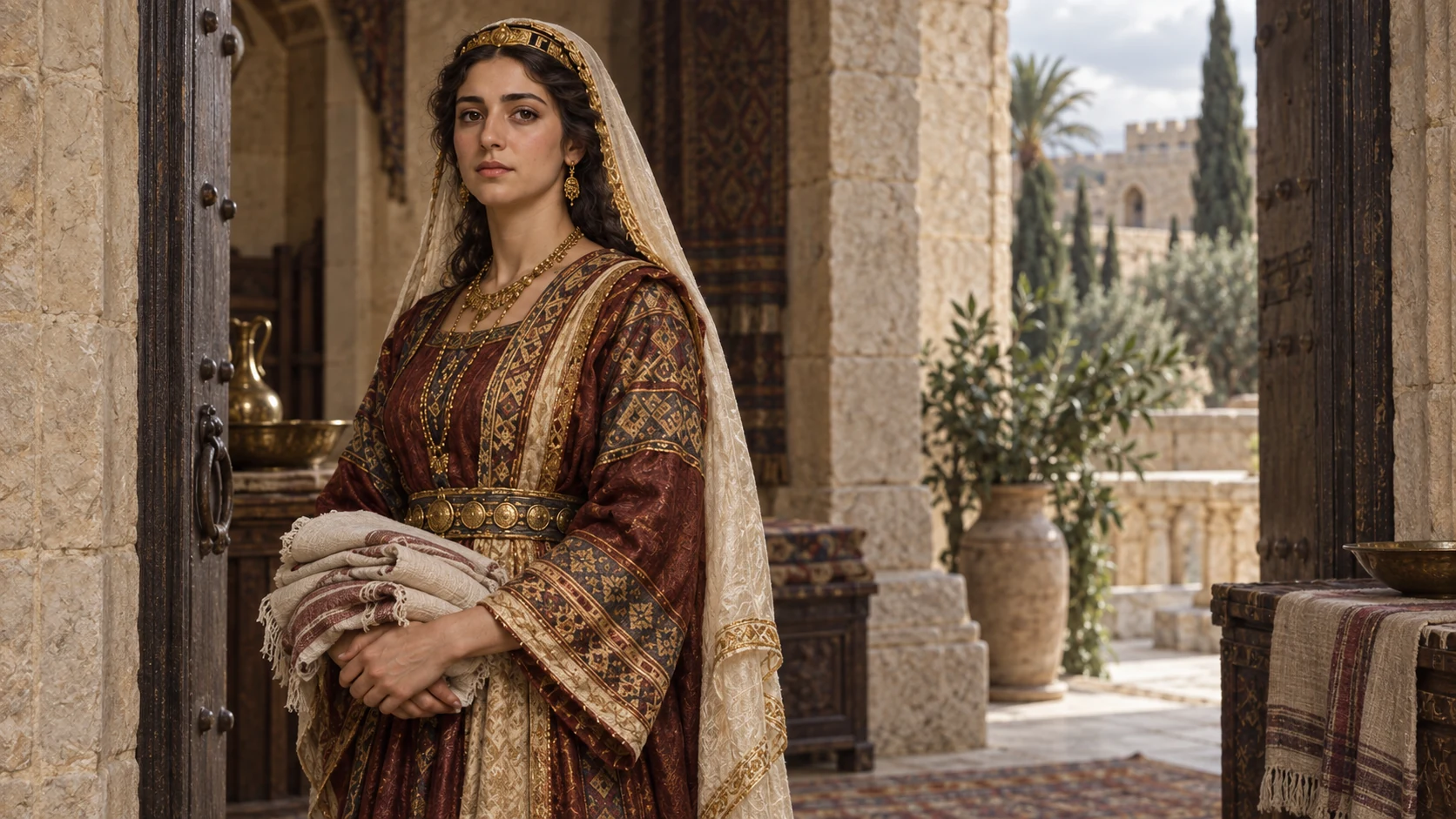 Tamar, David’s daughter, stands composed at a domestic doorway with folded linens.