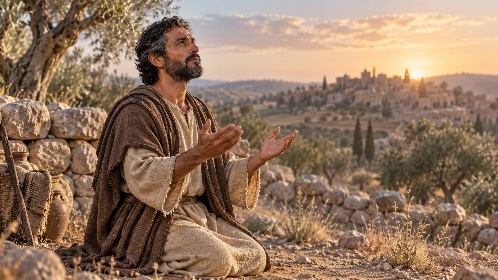 Jabez kneels in prayer with open hands beside a low stone wall.
