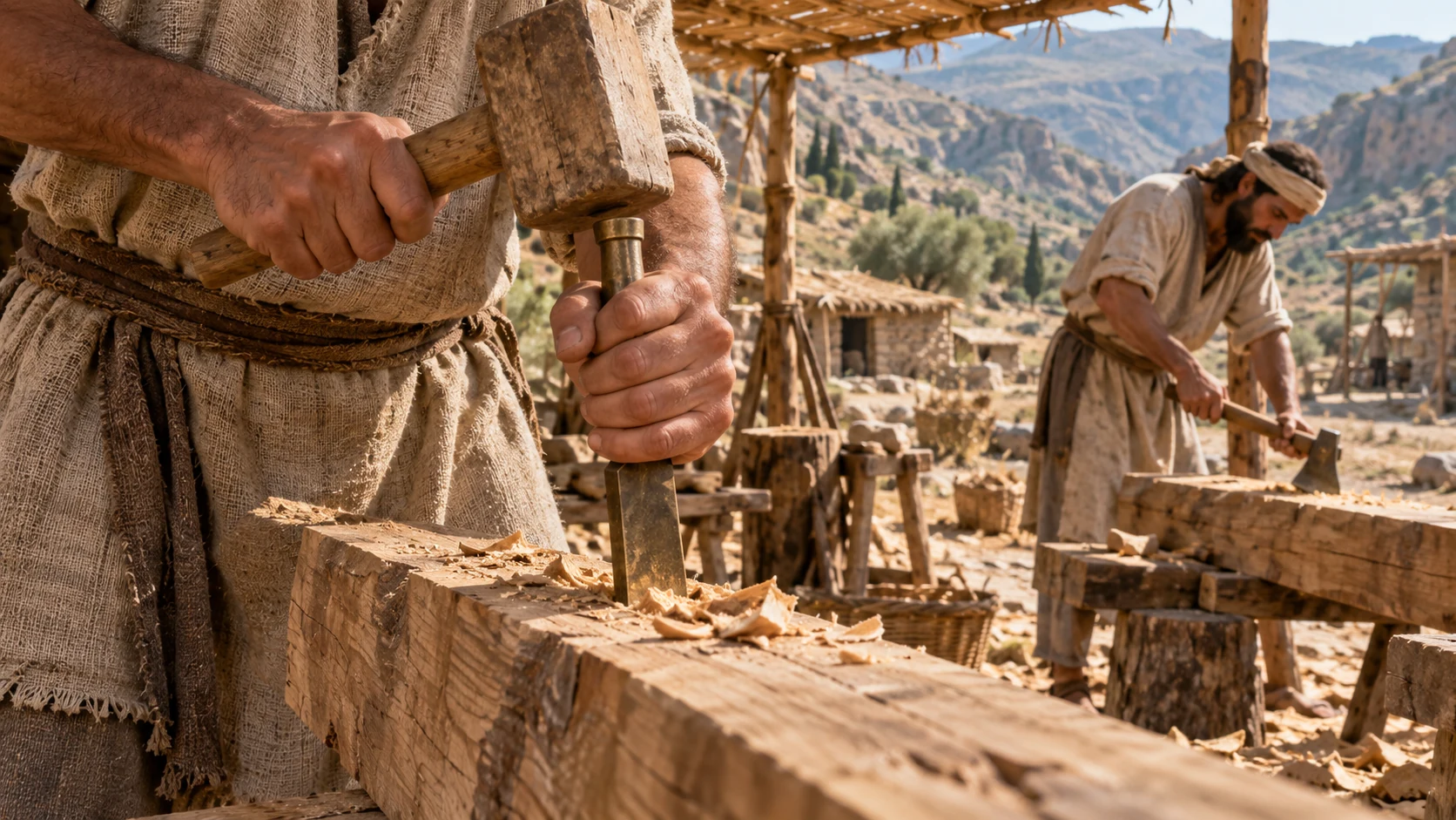 Anonymous craftsmen shape timber with a wooden mallet, chisel and hand tool.