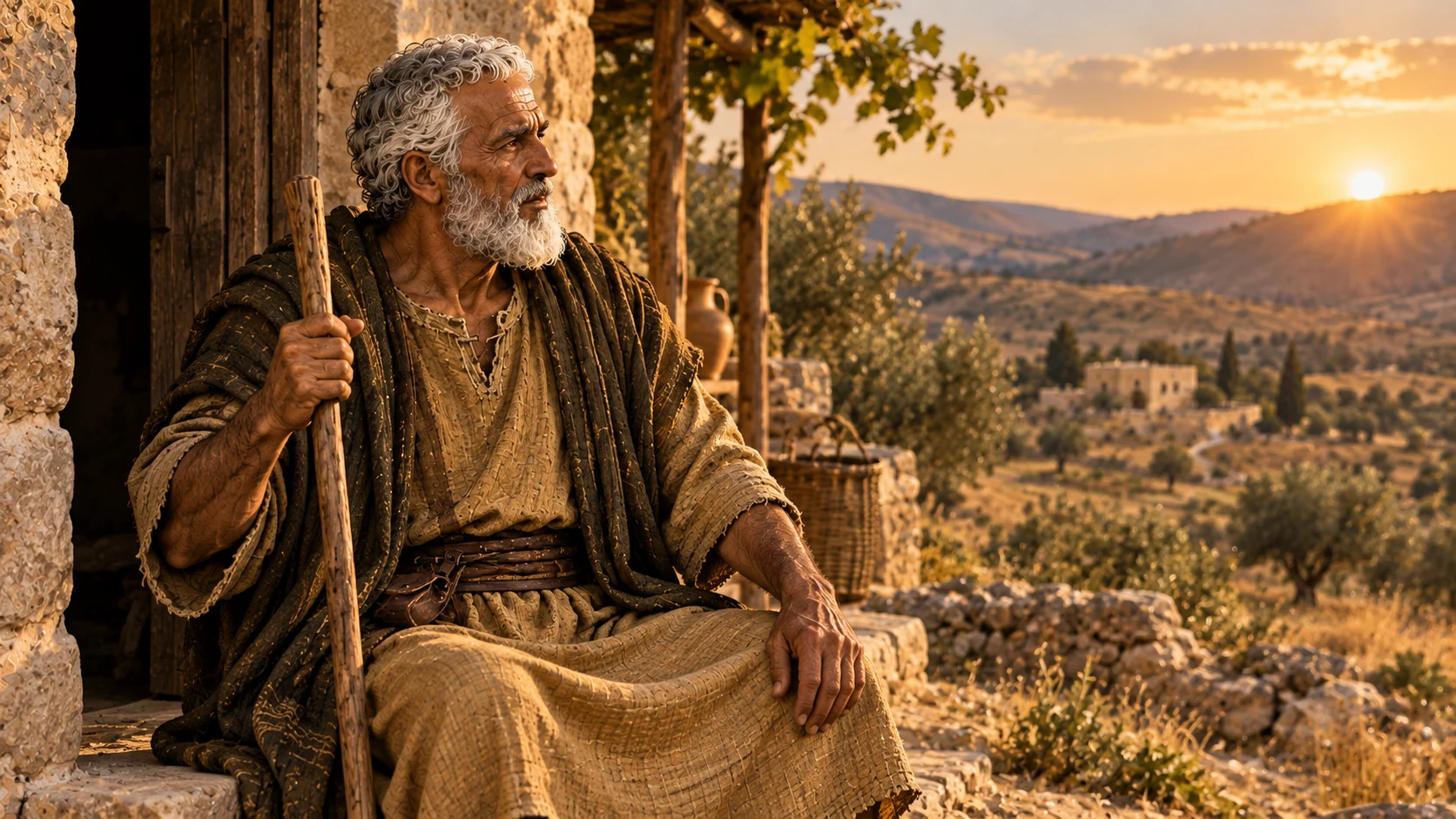 Caleb son of Jephunneh sits by a household threshold holding a walking staff.