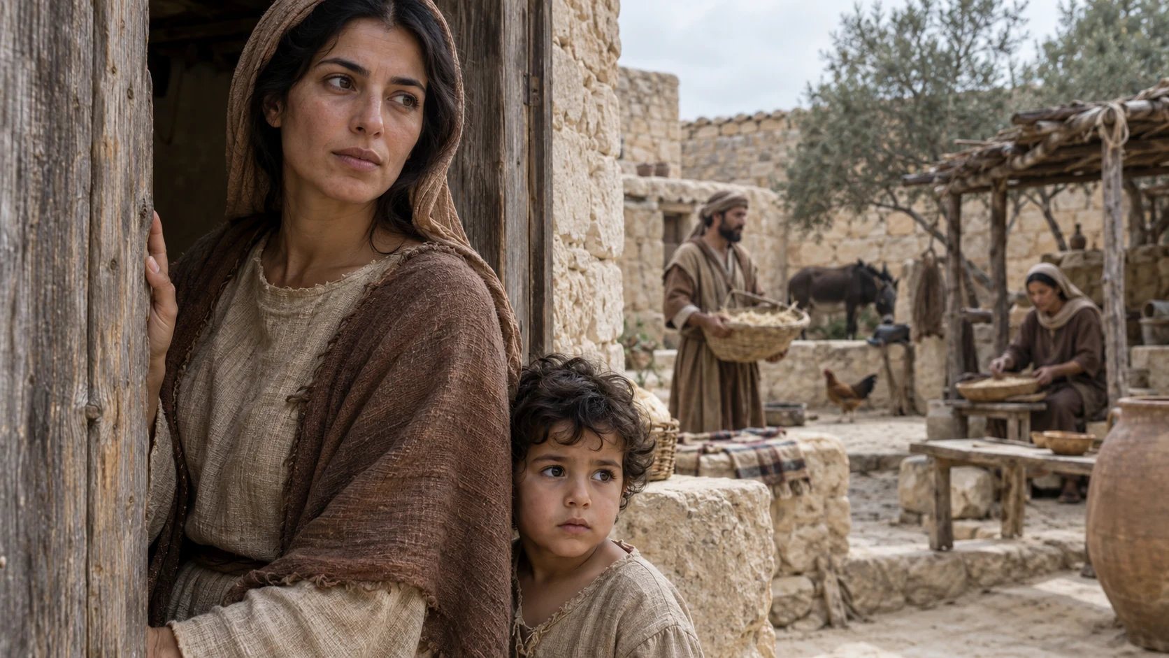 An anonymous mother and child stand at a threshold with household members farther inside.