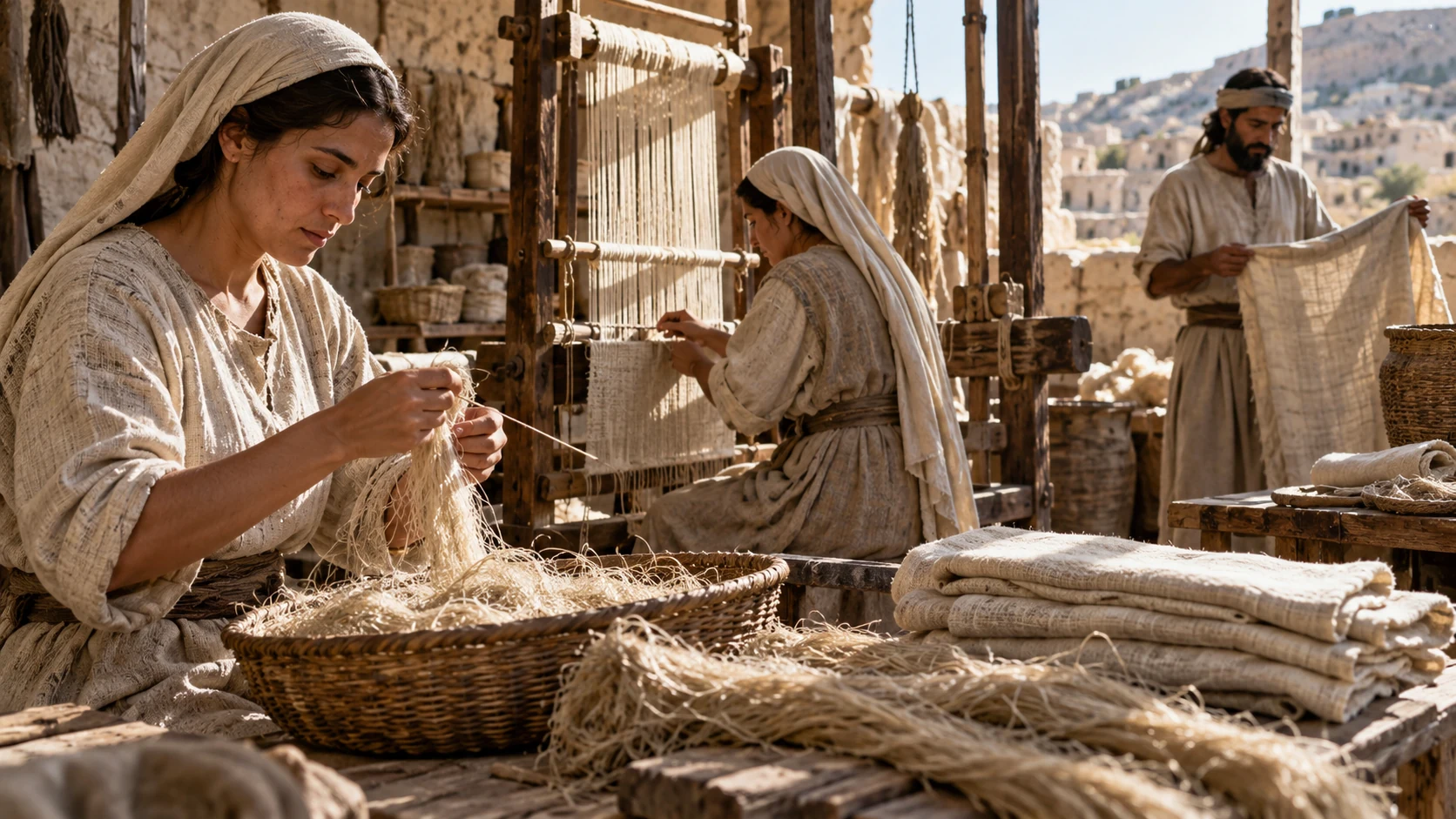 Anonymous linen workers prepare fibers, weave at a wooden loom, and handle finished cloth.