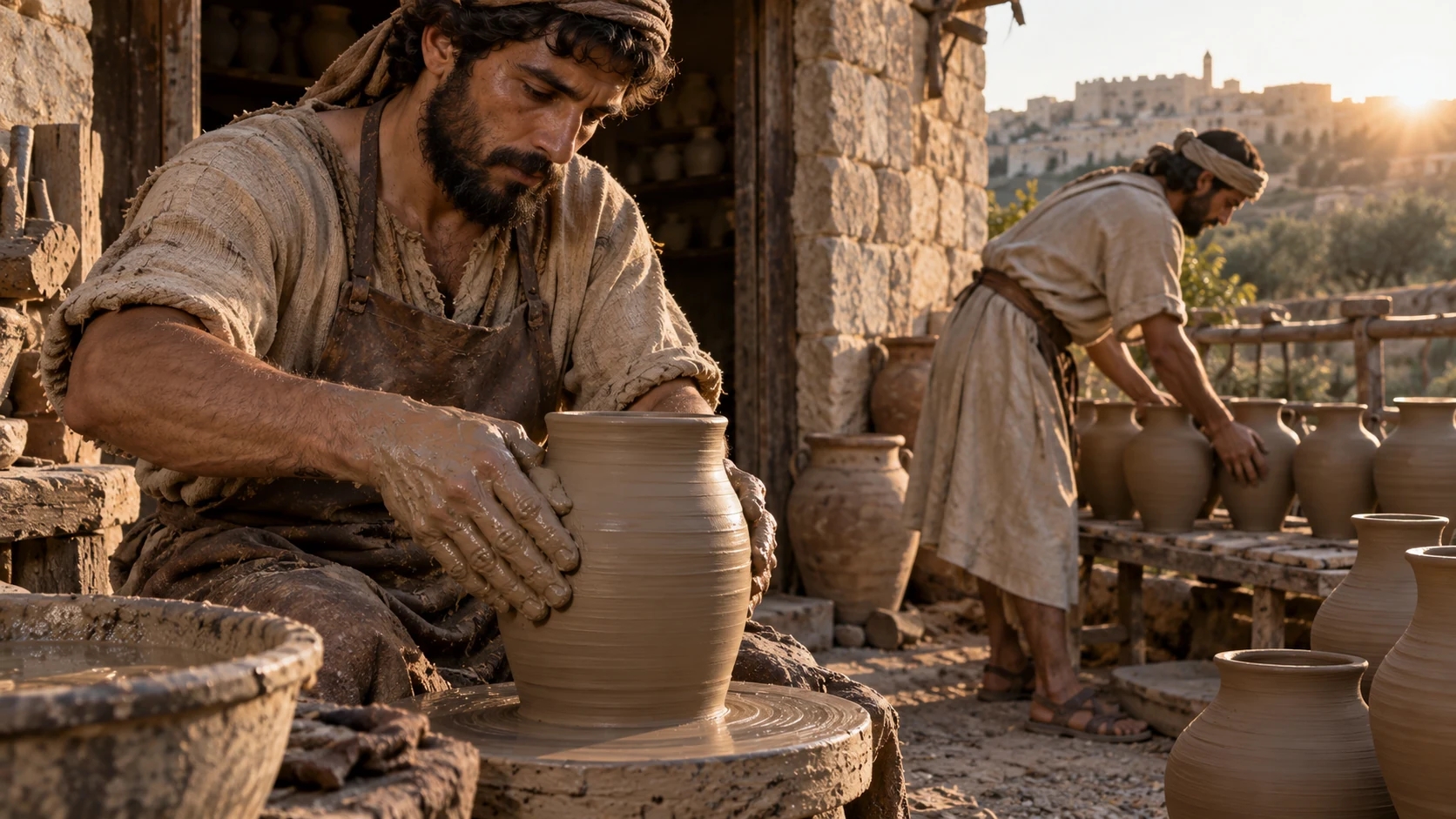 A potter shapes a clay vessel while a helper handles drying jars.