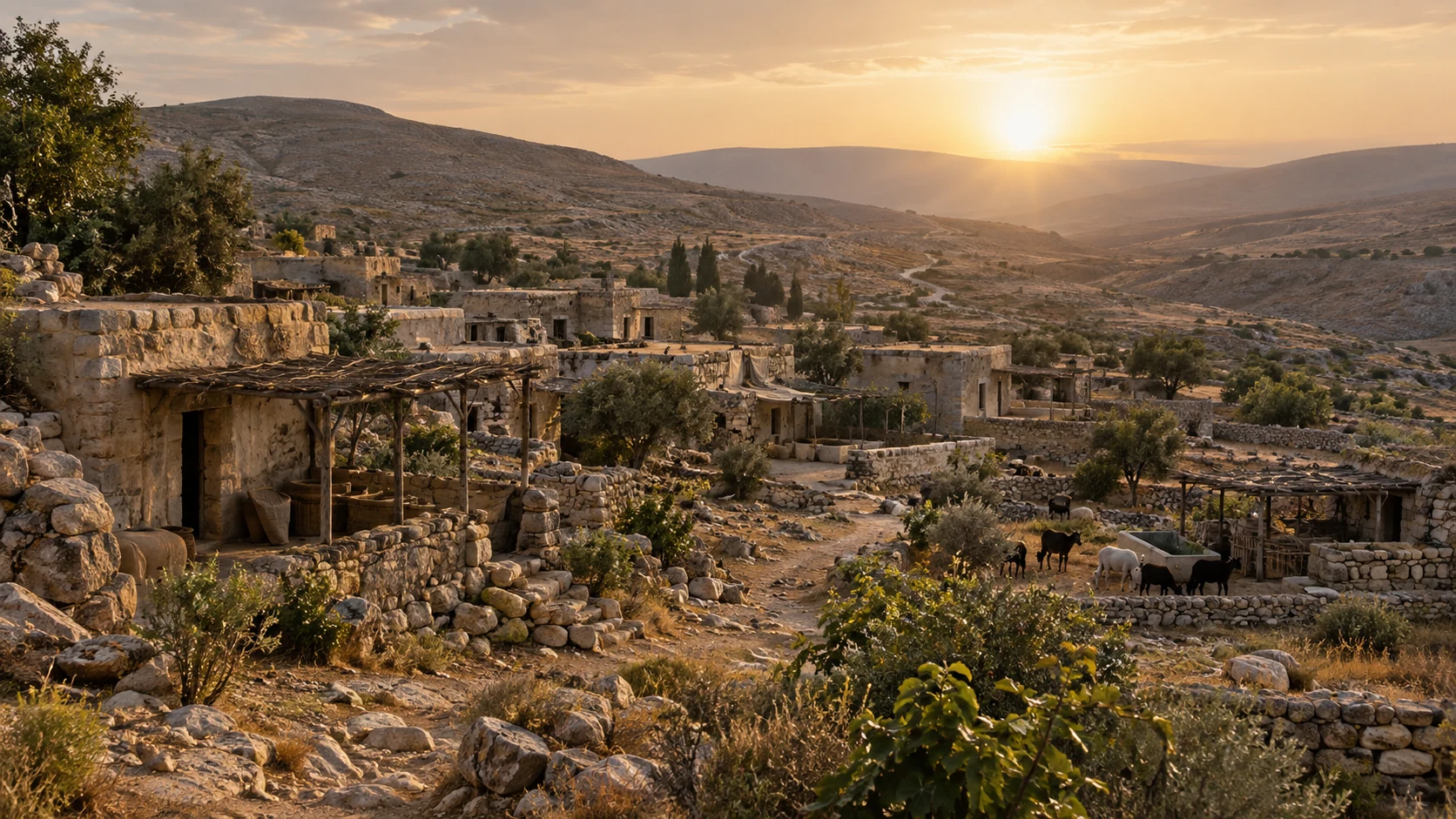 Low stone dwellings and grazing animals occupy a dry southern landscape at dawn.