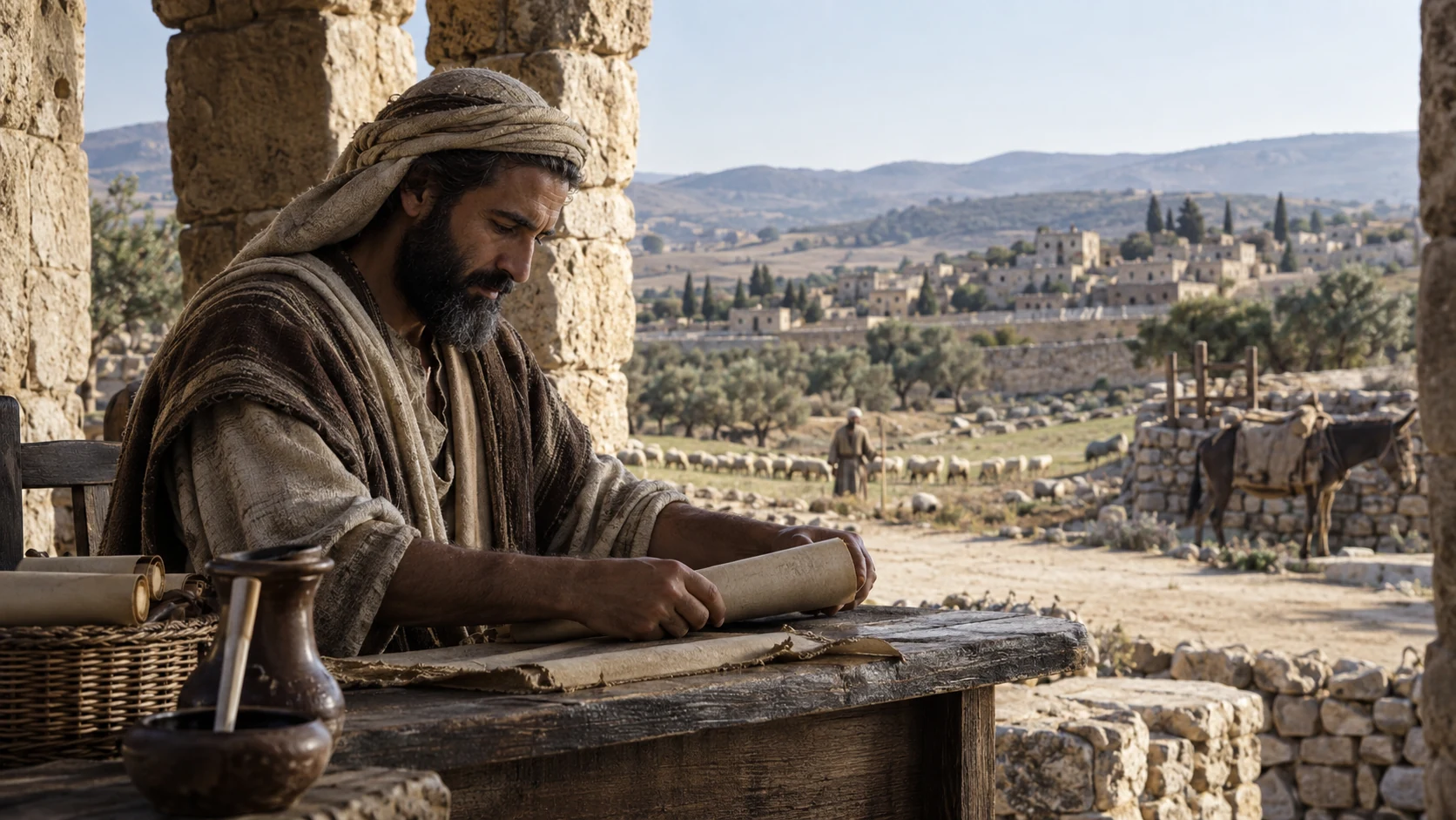 An anonymous scribe handles a document beside a settlement and pasture.