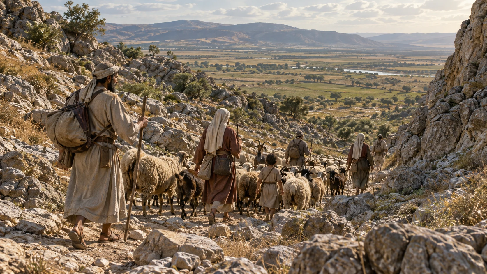 Shepherd households guide flocks through a valley entrance toward pasture.