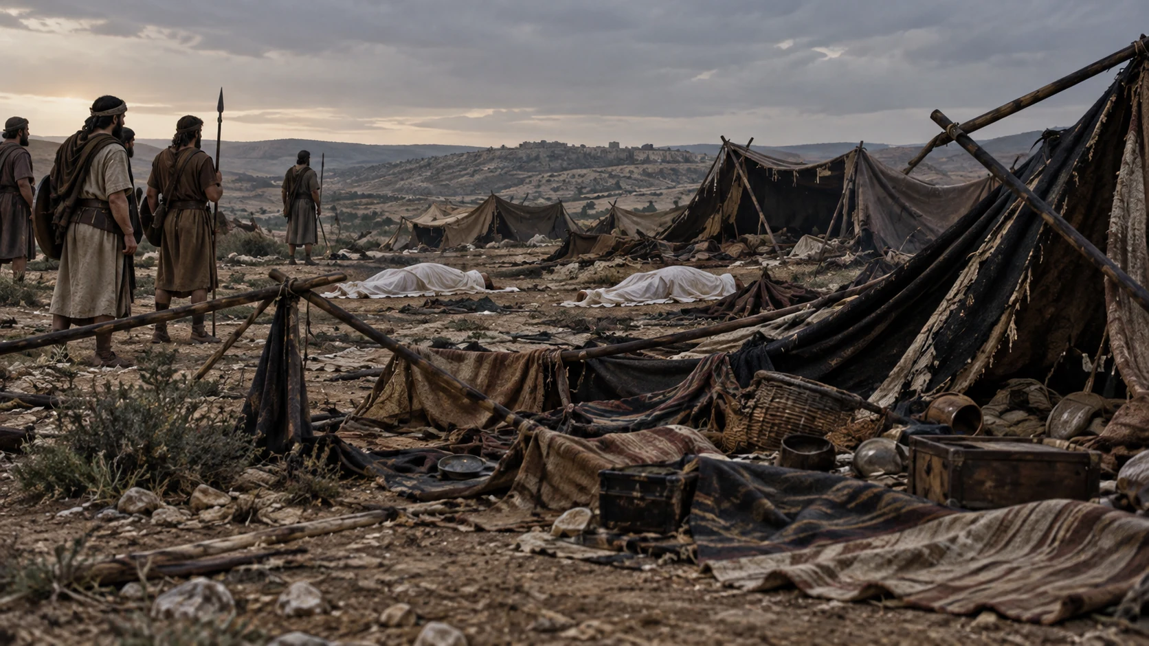 Covered human forms lie among collapsed tents while surviving men stand soberly nearby.