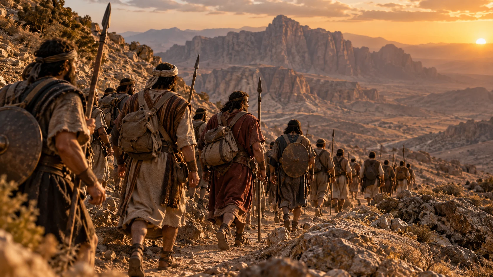 Ancient Judean men travel along a rocky mountain path toward Seir.