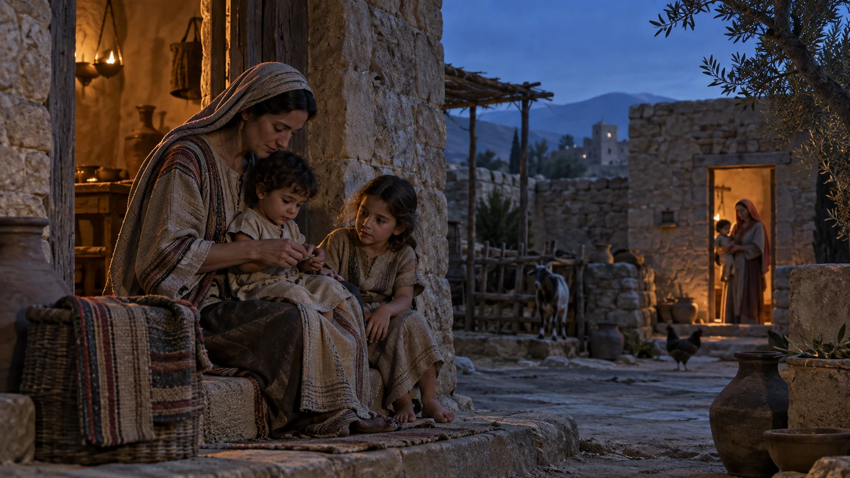 A mother sits with children at one threshold while another household occupies a distant doorway.