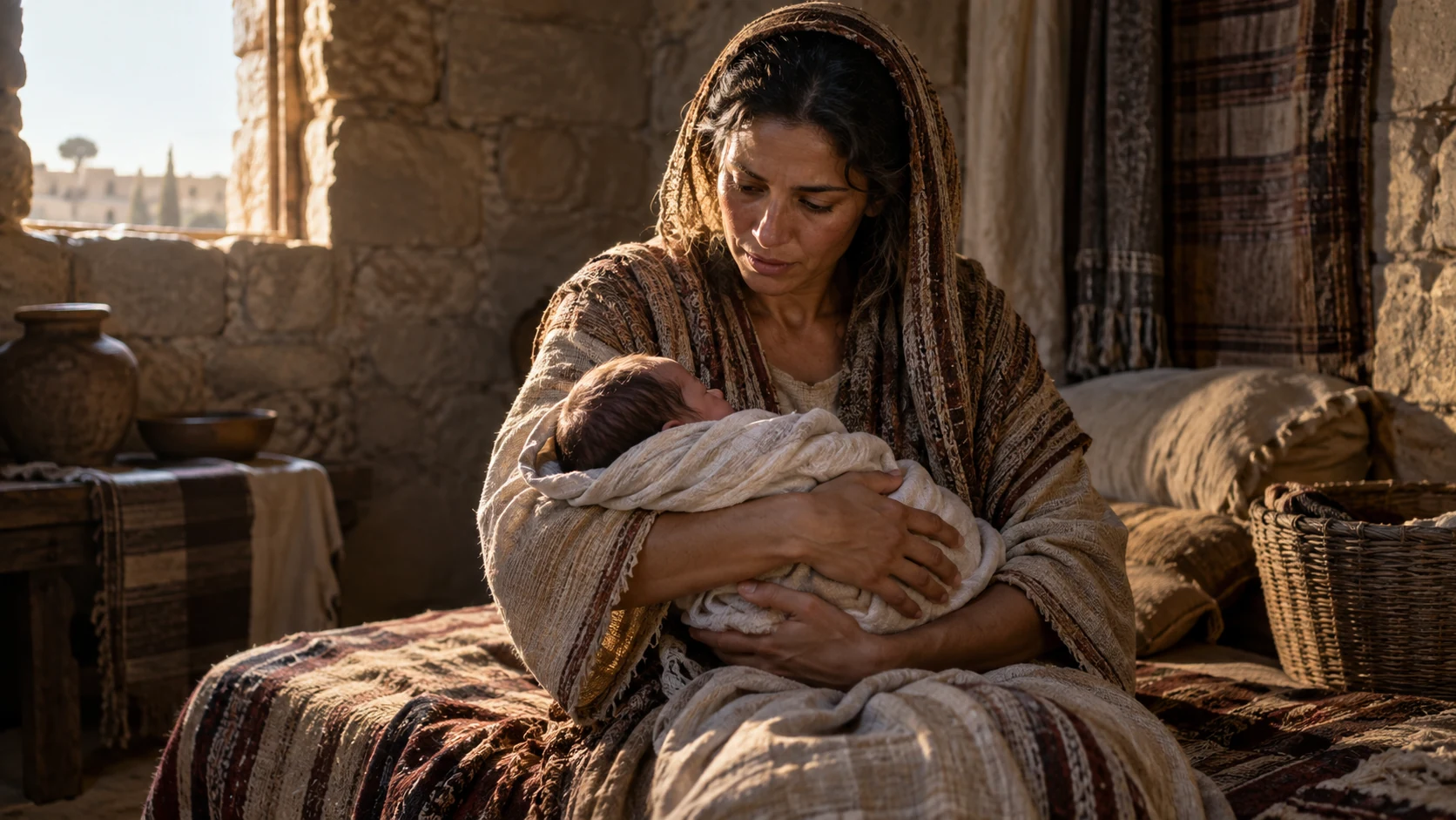 A mother cradles a swaddled newborn in a modest domestic room.