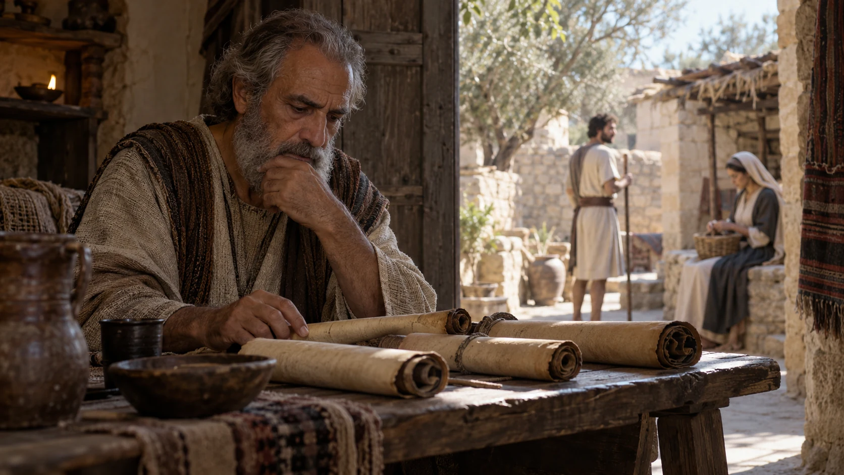 An elder considers household records beside an open domestic courtyard.