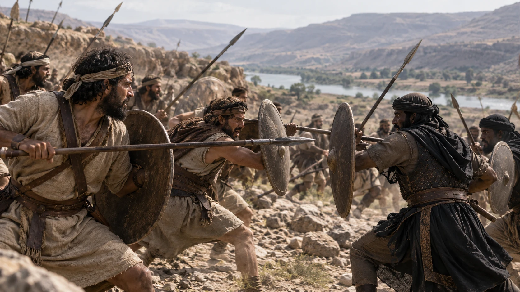 Opposing soldiers clash with shields and spears on rocky ground.
