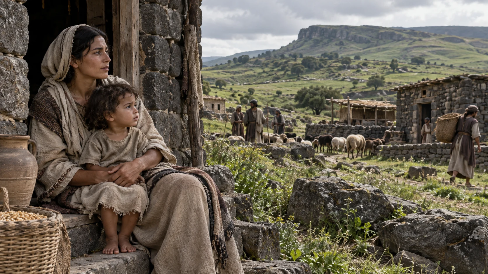 A mother and child at a stone threshold overlooking pasture.
