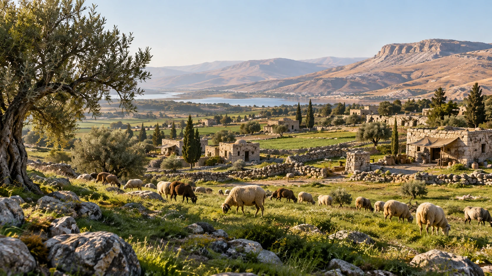 Sheep graze among stone households and broad pastureland.