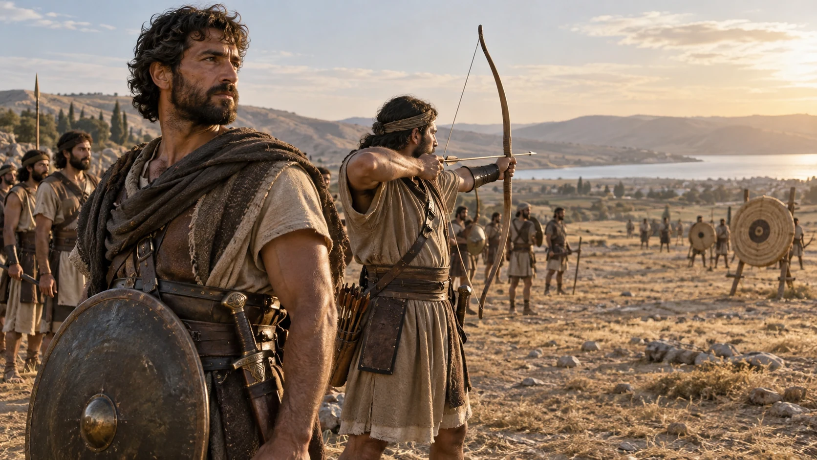 Trained men carry shields while an archer practices toward a straw target.