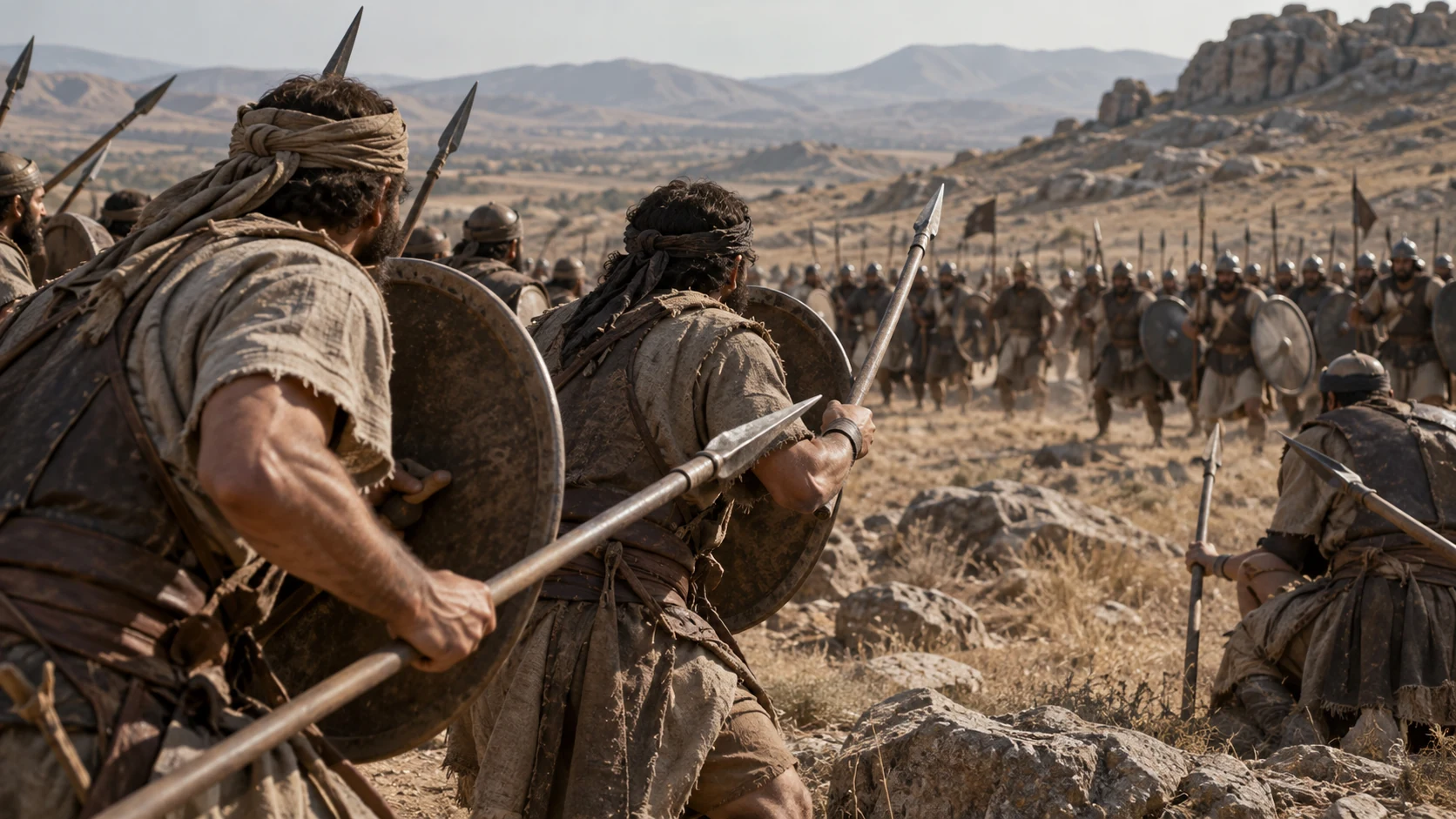 Armed men brace shields toward opposing fighters on rocky ground.