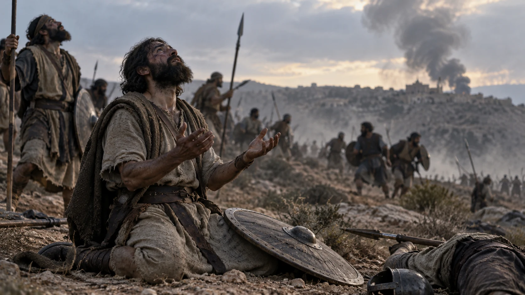 A fighter kneels with raised empty hands while conflict continues behind him.