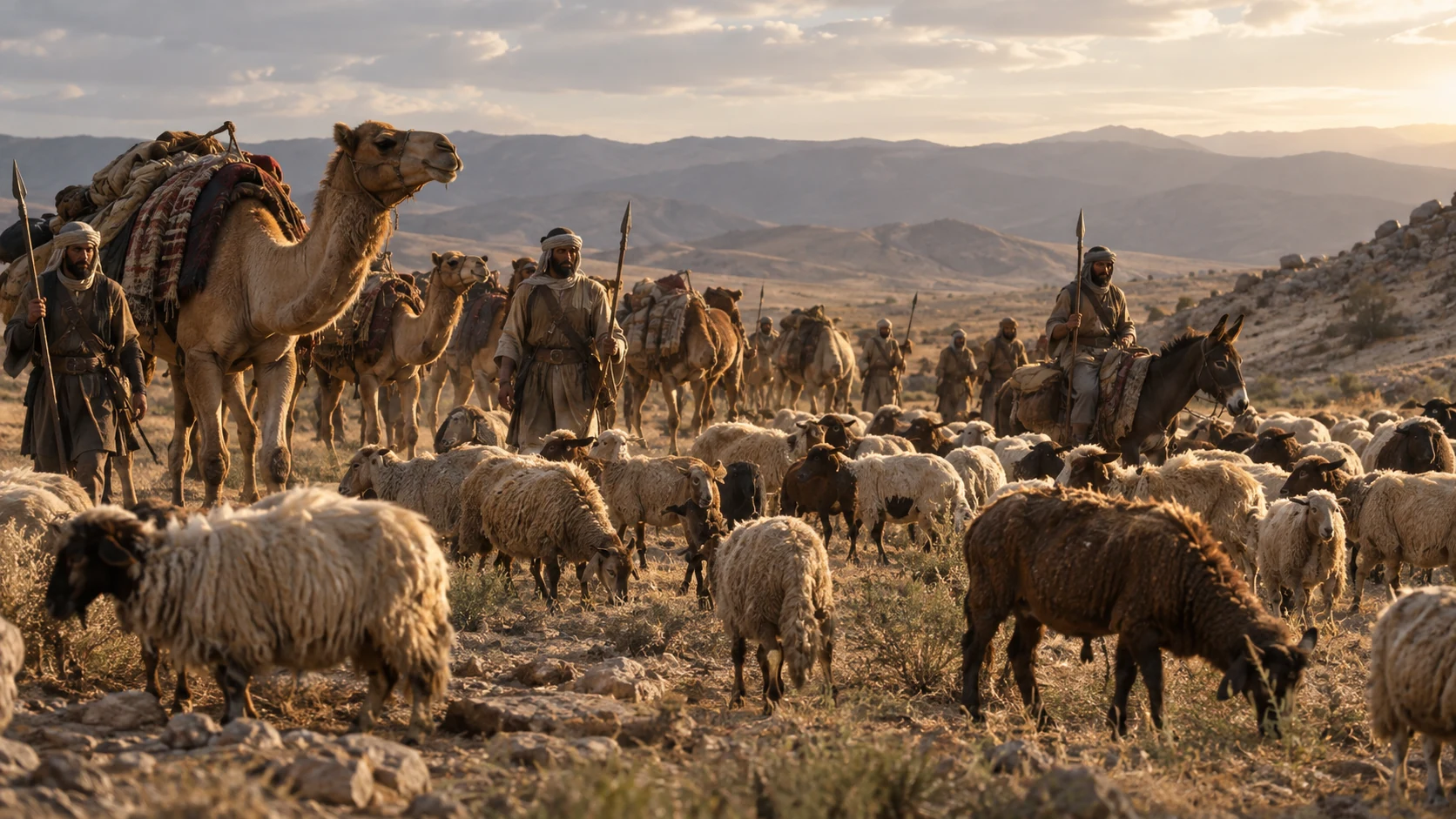 Camels, sheep, and donkeys spread across dry ground under armed herders.