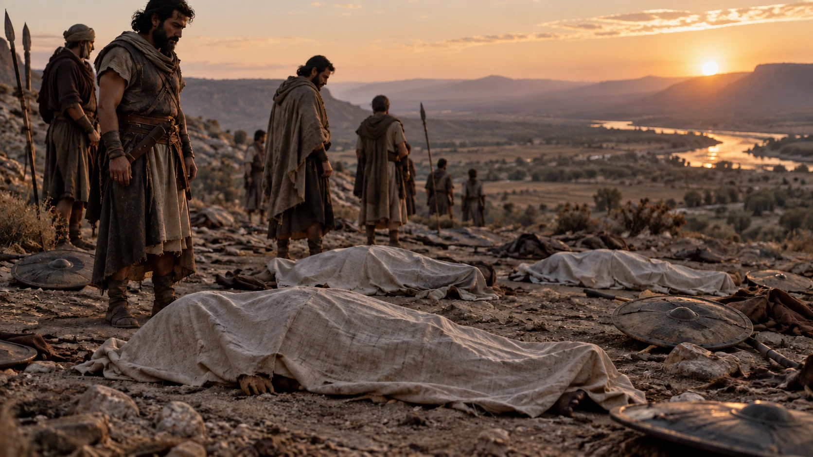 Surviving men stand soberly beside covered bodies and fallen shields.