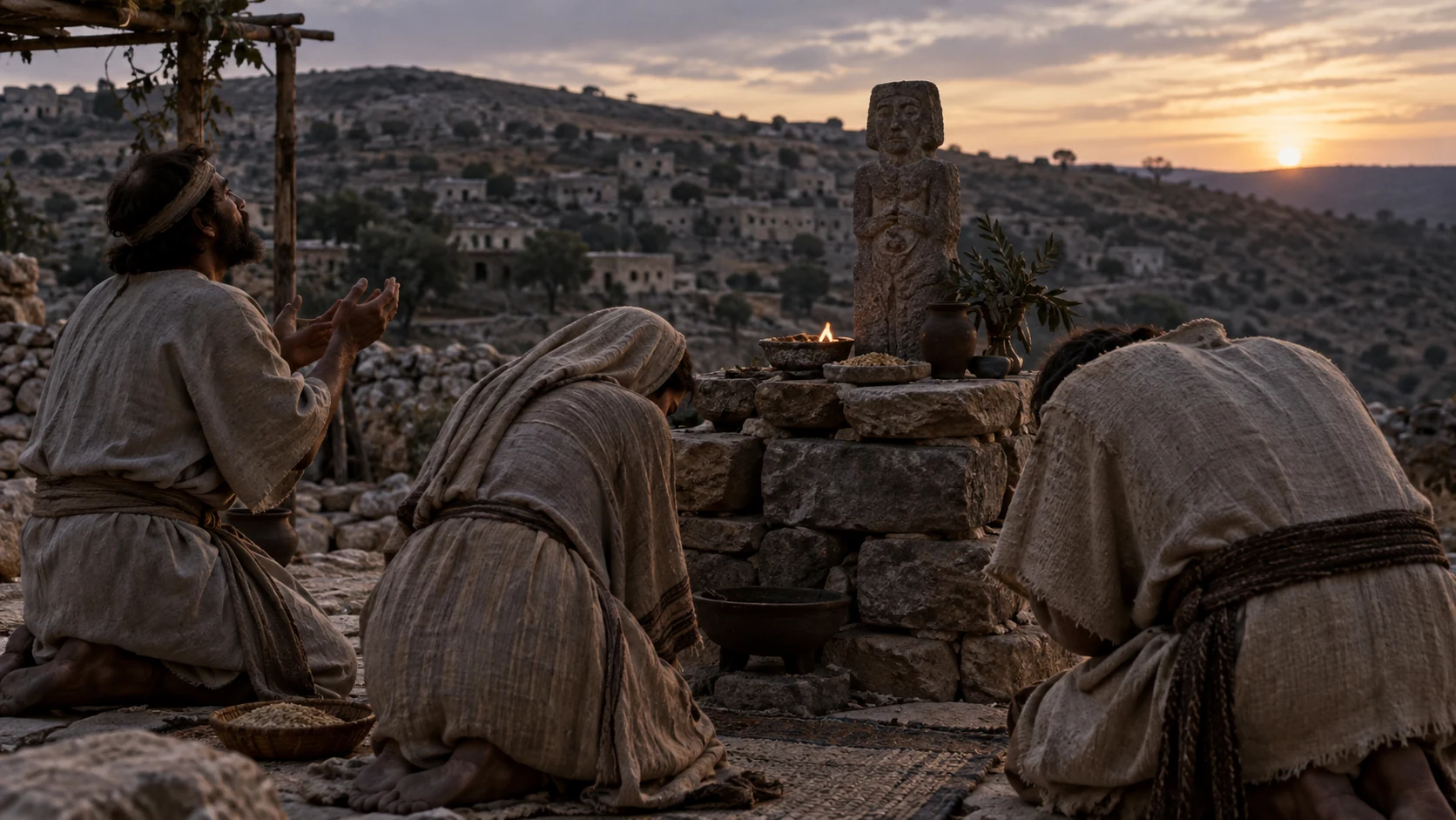People bow before a stone idol at a small outdoor shrine.