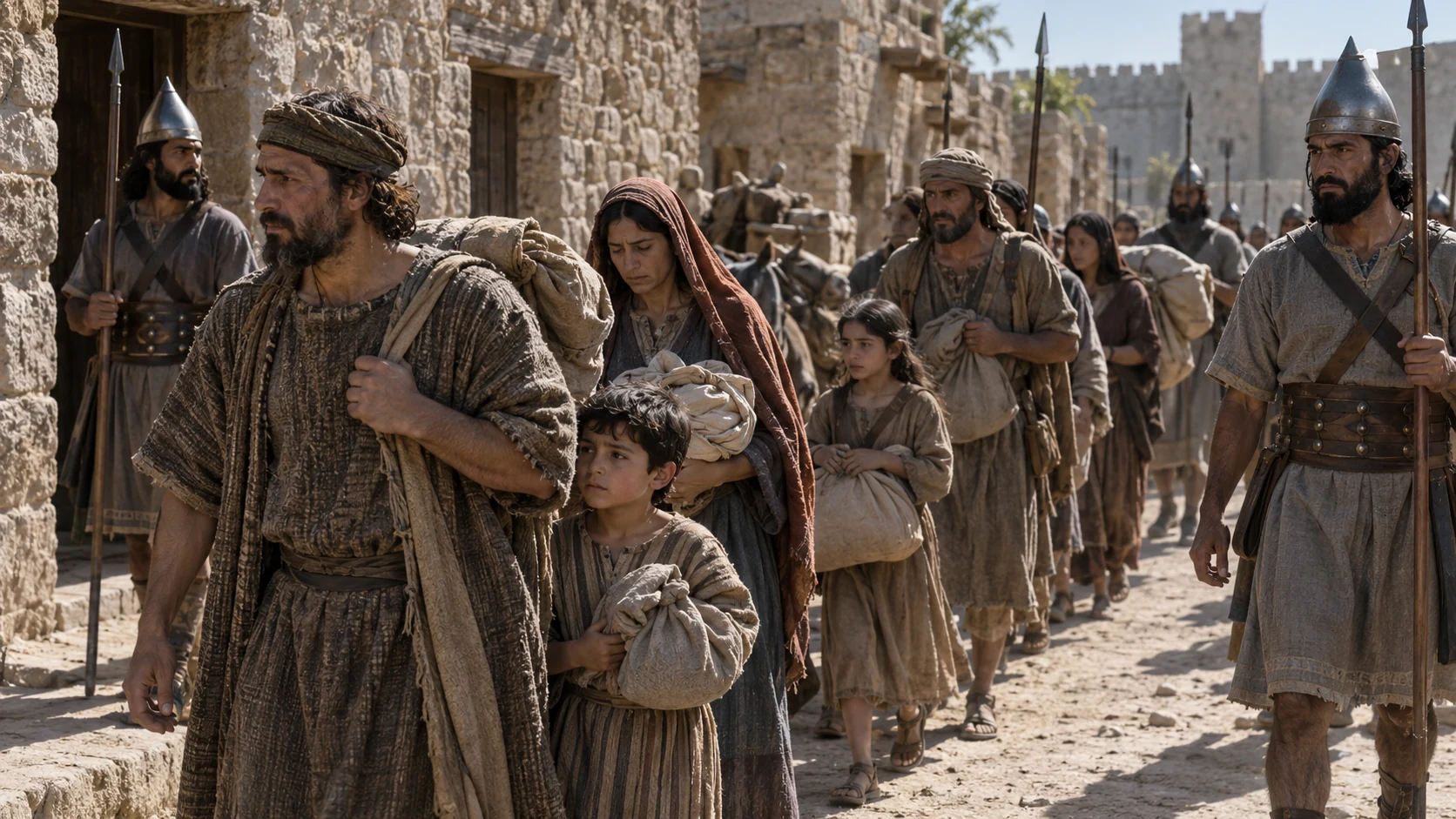 Households carry bundles out of a settlement under Assyrian escort.