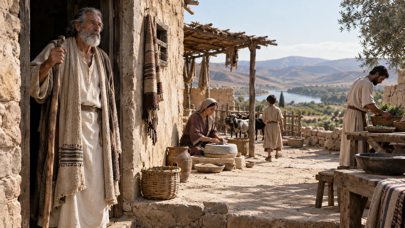An elder and younger household members occupy separate areas of a courtyard.