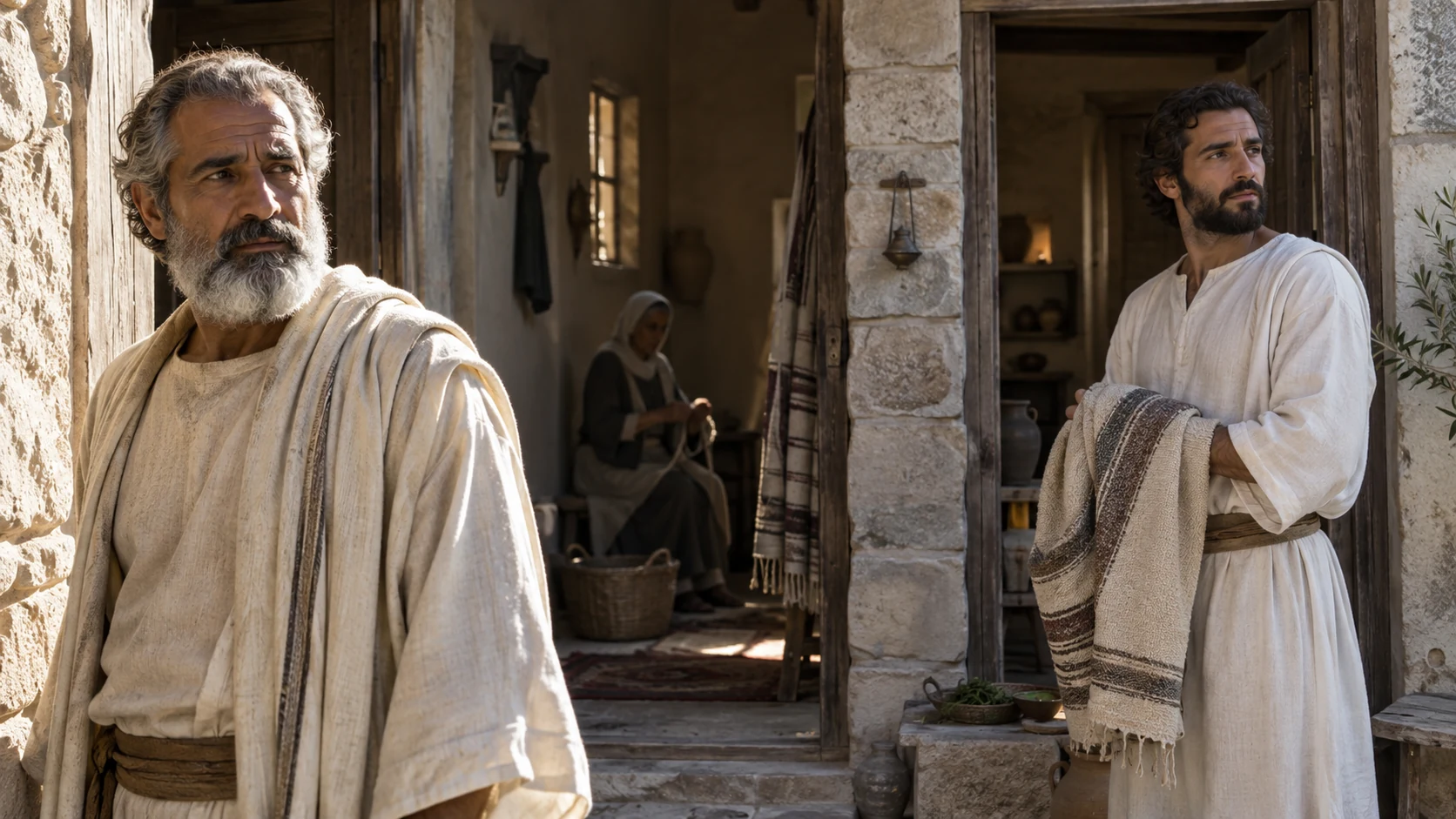 An elder and an adult man standing separately in a quiet courtyard.