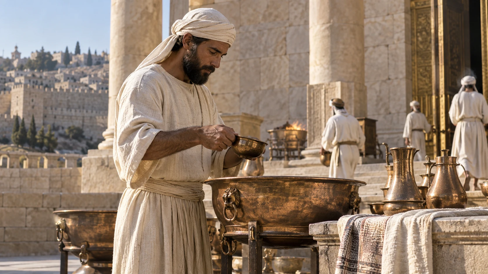 A priest in cream linen serves beside bronze vessels in a temple courtyard.