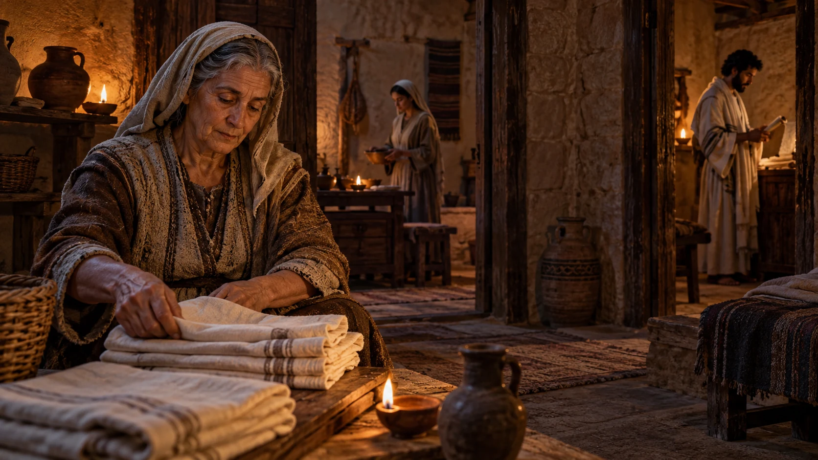 An older woman folds plain linen in a lamplit household.