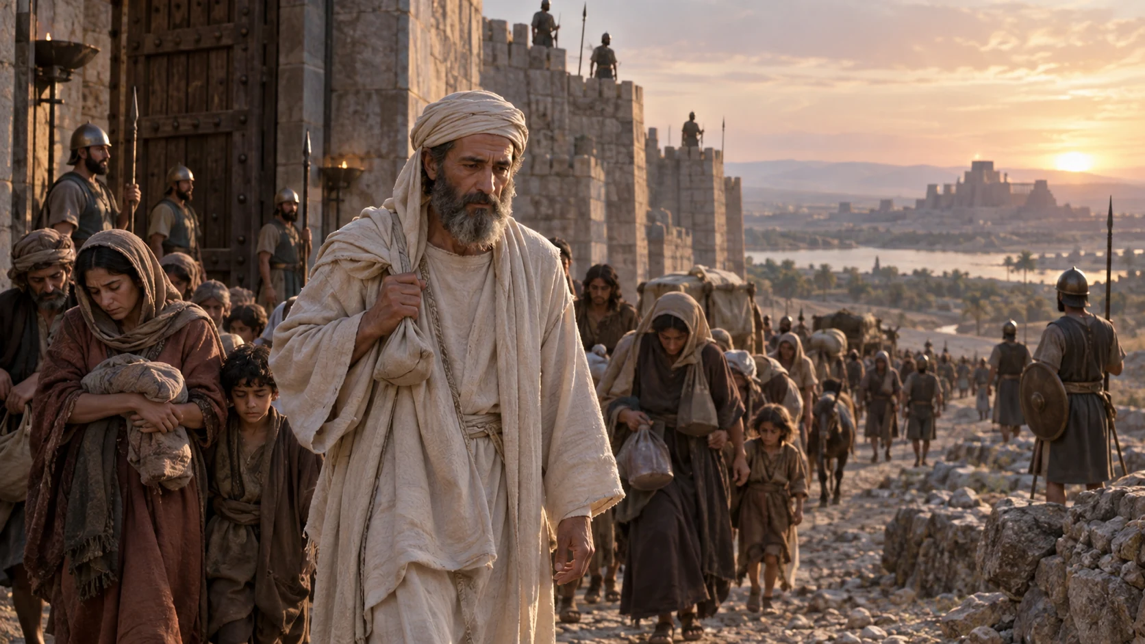 A priest in cream linen travels with displaced households under armed escort.