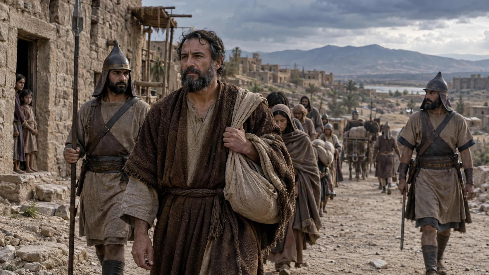 A household leader walks under armed escort beside an ancient settlement.