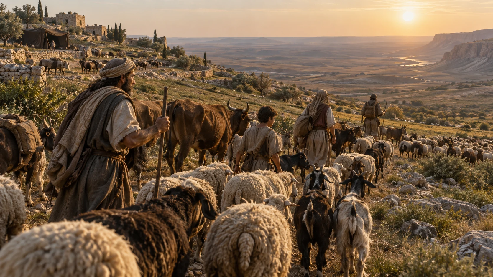 A shepherd household and livestock at the edge of open grazing land.