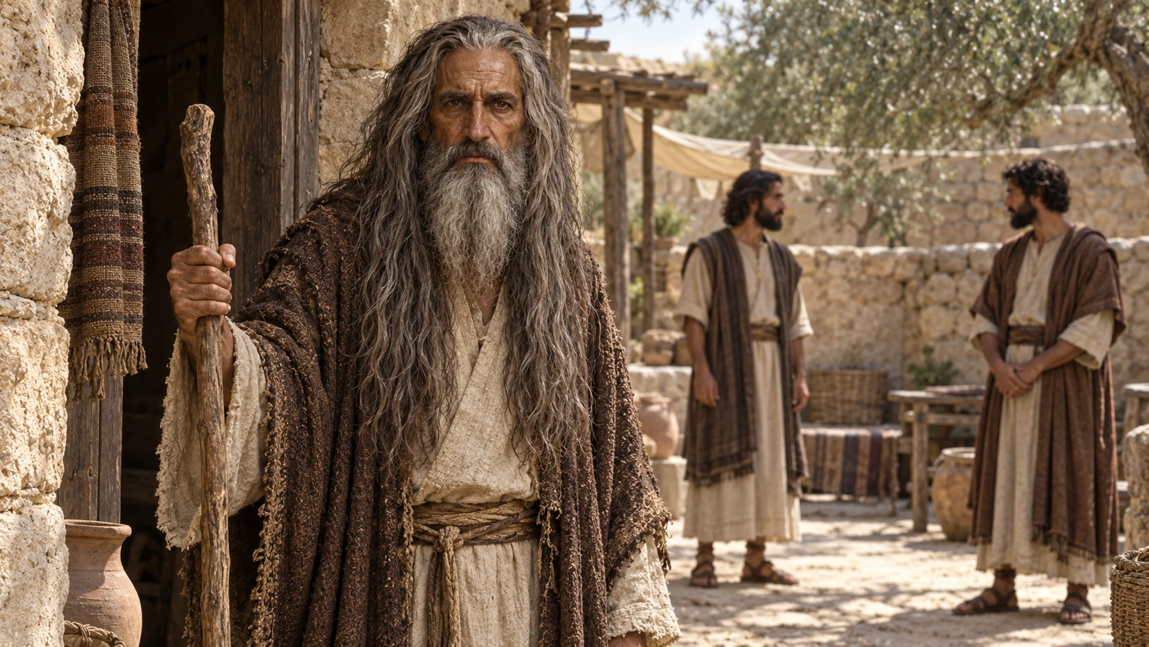 Samuel stands at a household threshold with two adult sons in the courtyard.