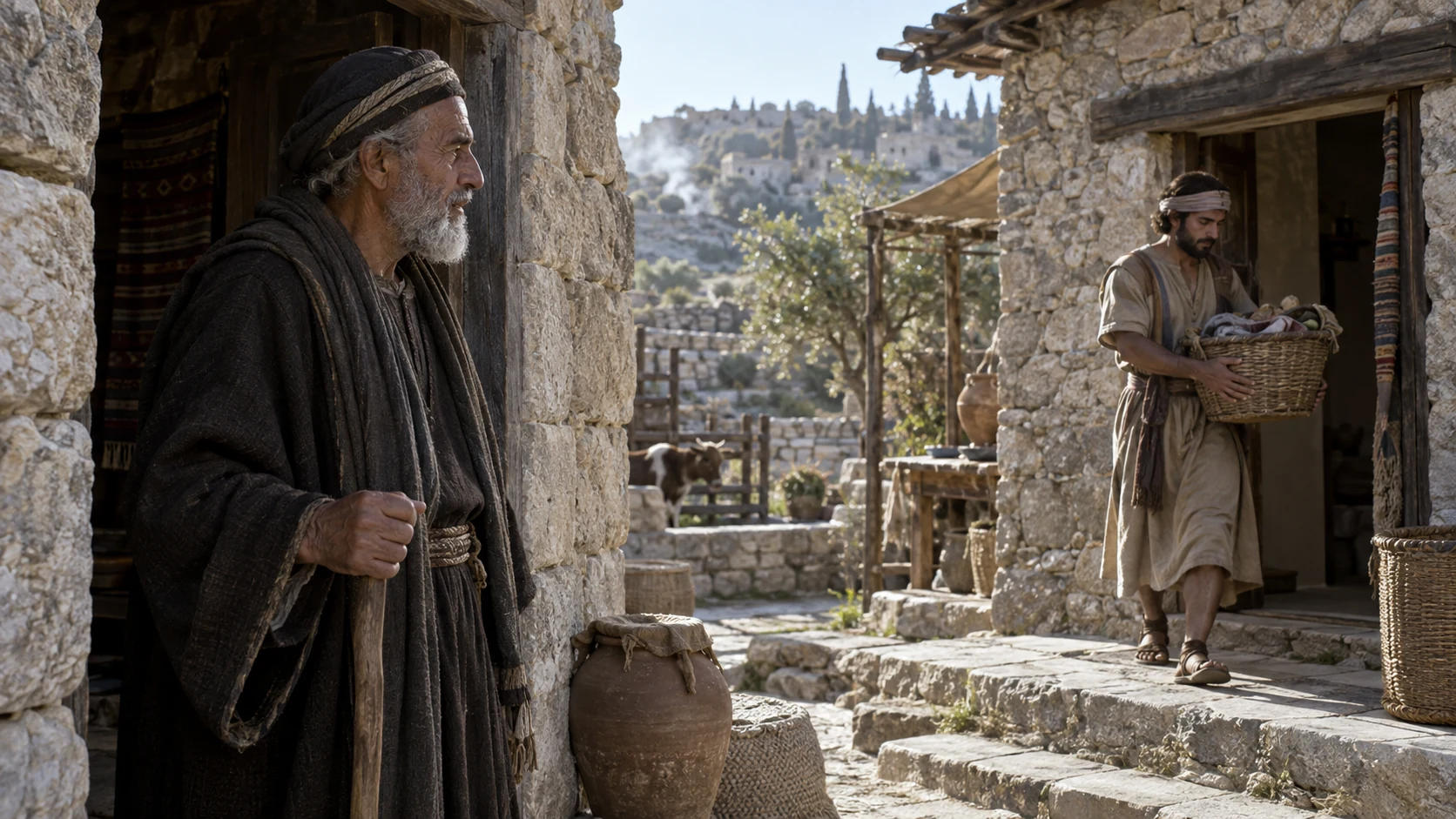 An elder and a younger adult occupy separate stone household thresholds.