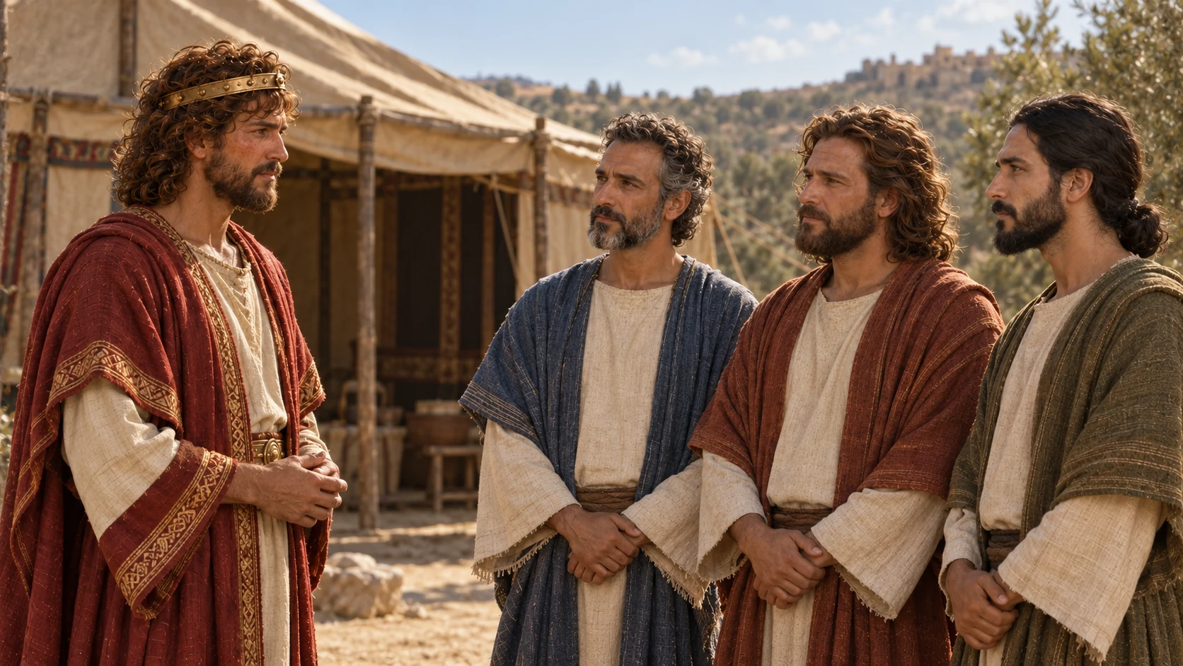 David in a red robe faces Asaph, Heman, and Ethan beside the tent.