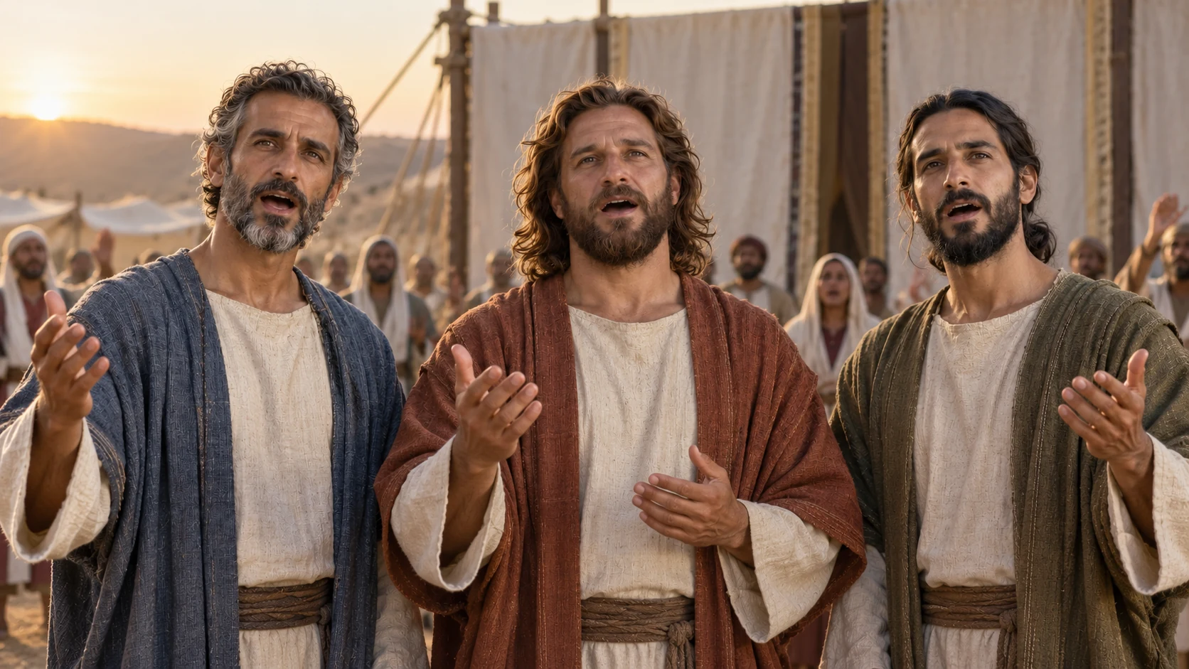Asaph, Heman, and Ethan sing before a linen tent.
