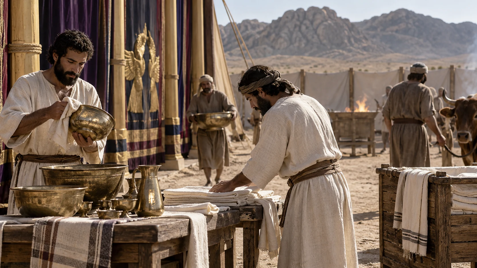 Levites tend service vessels and folded cloth beside the tent.