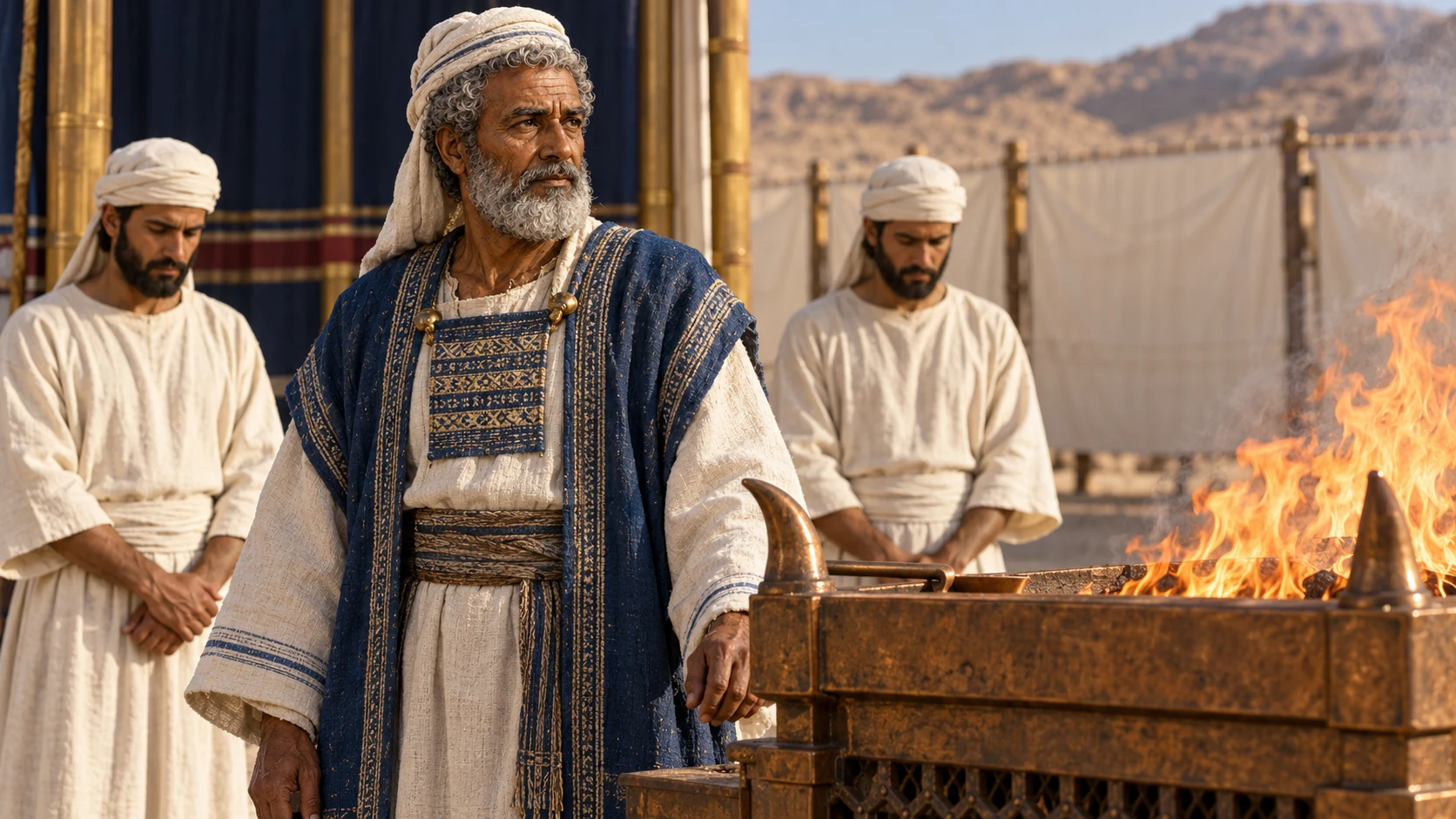 Aaron and adult sons stand beside the bronze burnt-offering altar.