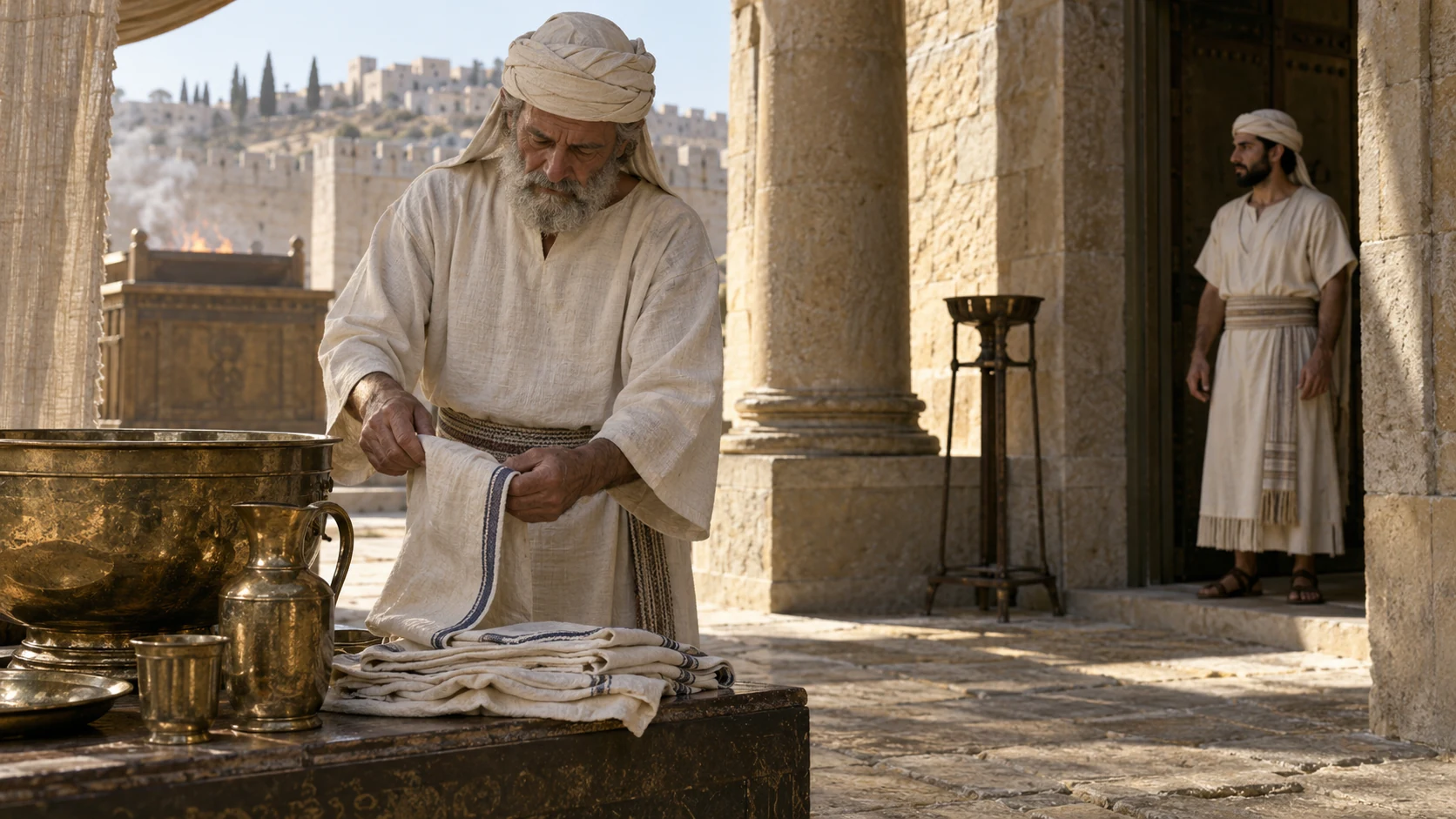 An older priest folds plain linen as a younger priest stands at a separate doorway.