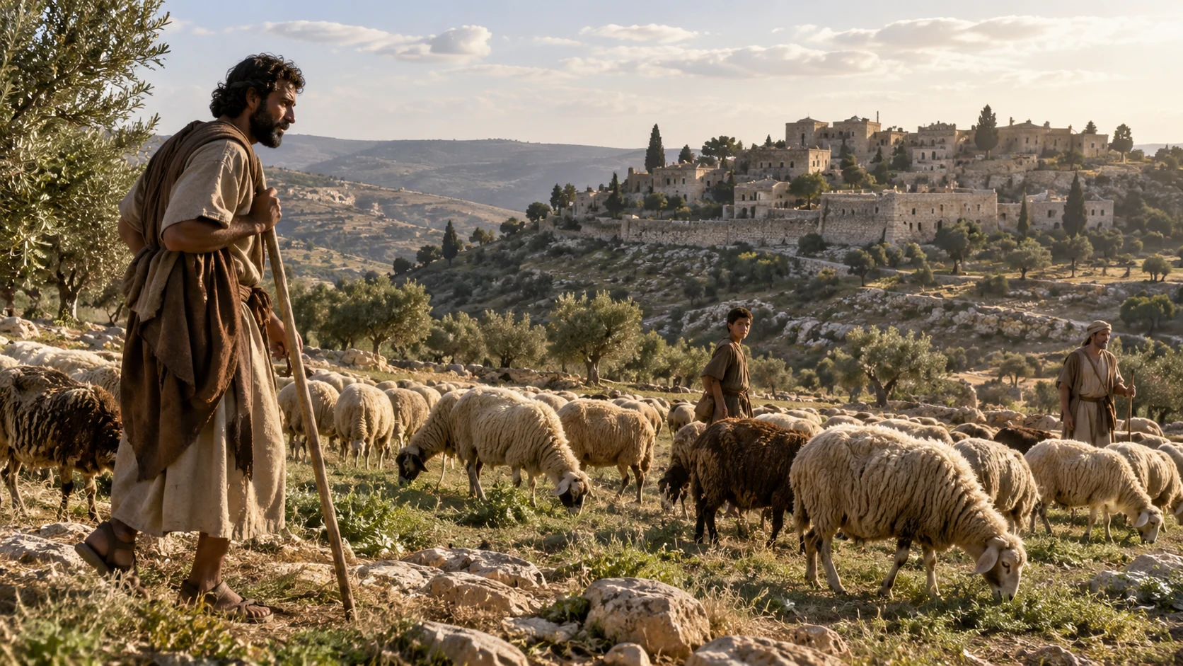 Shepherds tend sheep below a stone hill-country settlement.