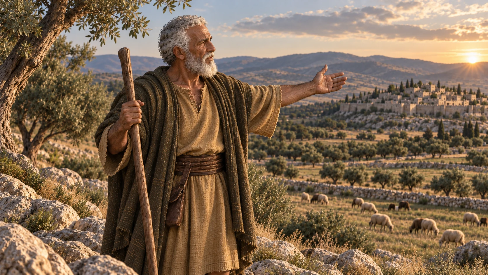Older Caleb stands with a staff above Hebron’s fields and pastures.
