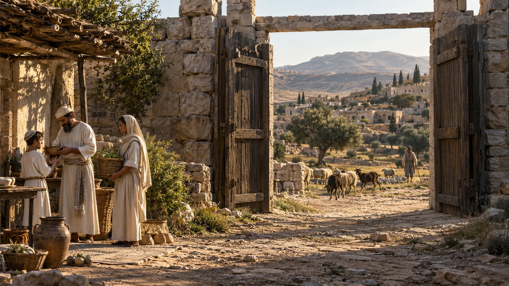 A linen-clad household works near an open stone gateway and pastures.