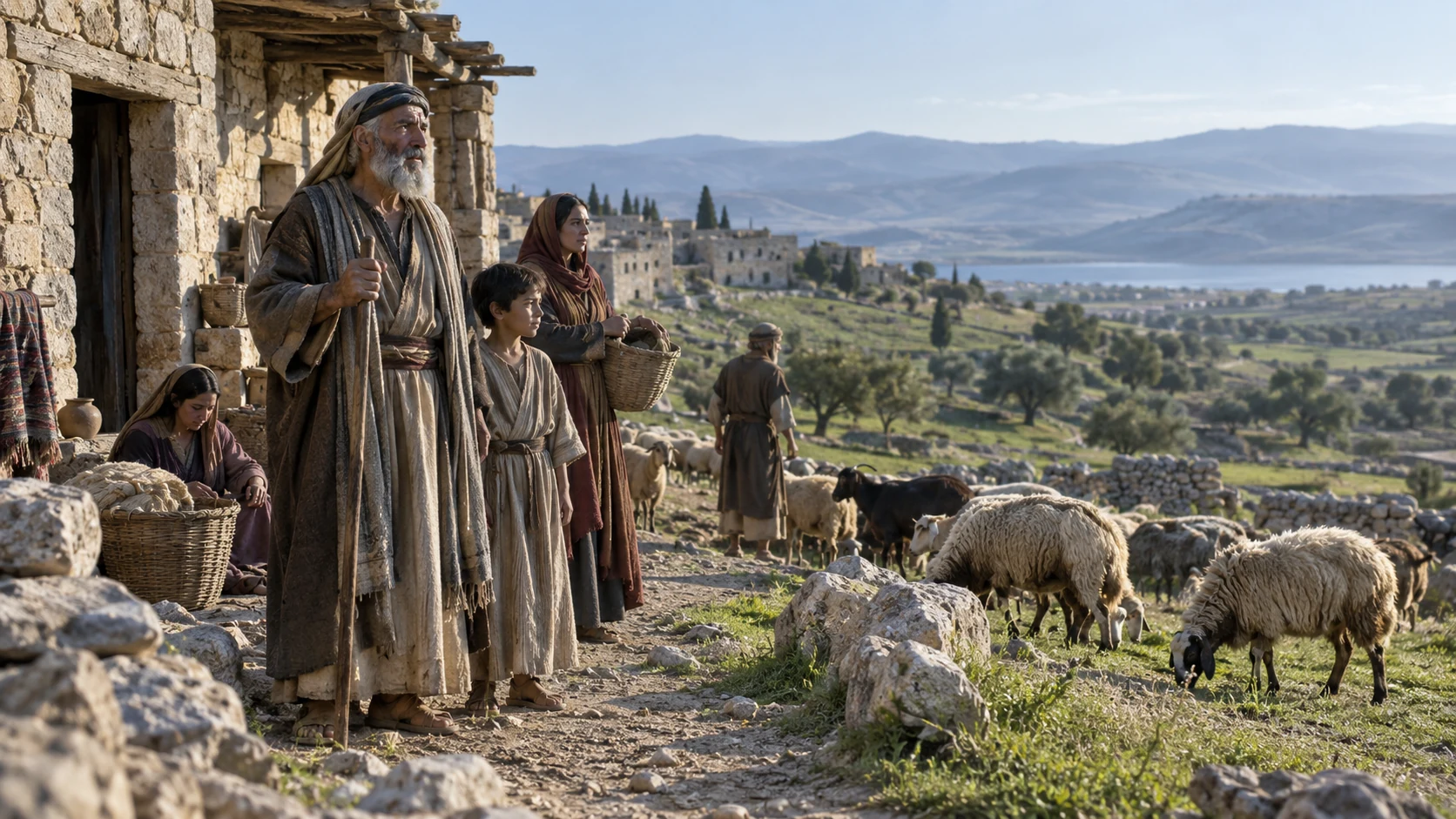An elder and younger household members stand beside village dwellings and grazing land.