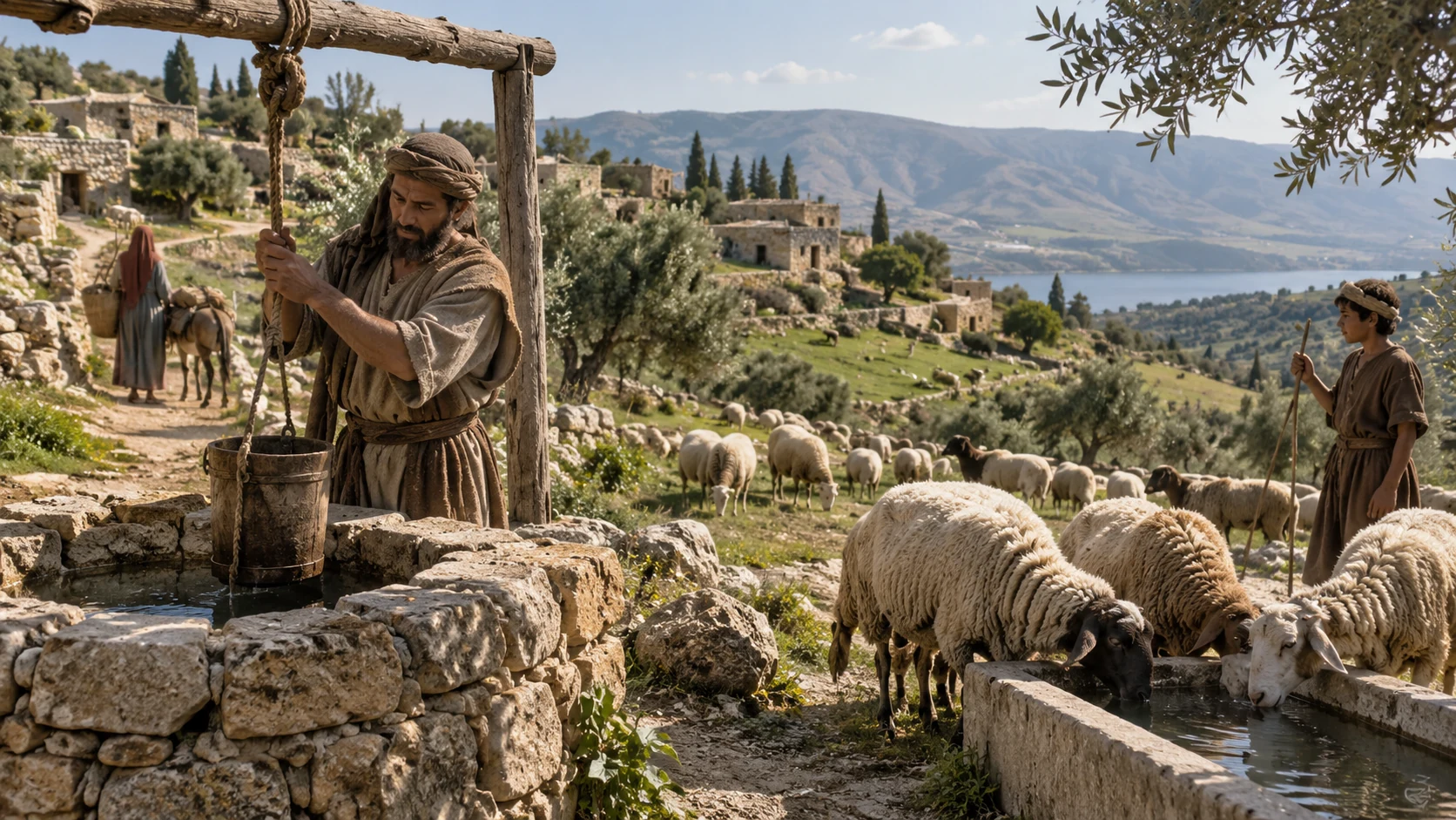 A man draws water at a well beside a village and grazing sheep.