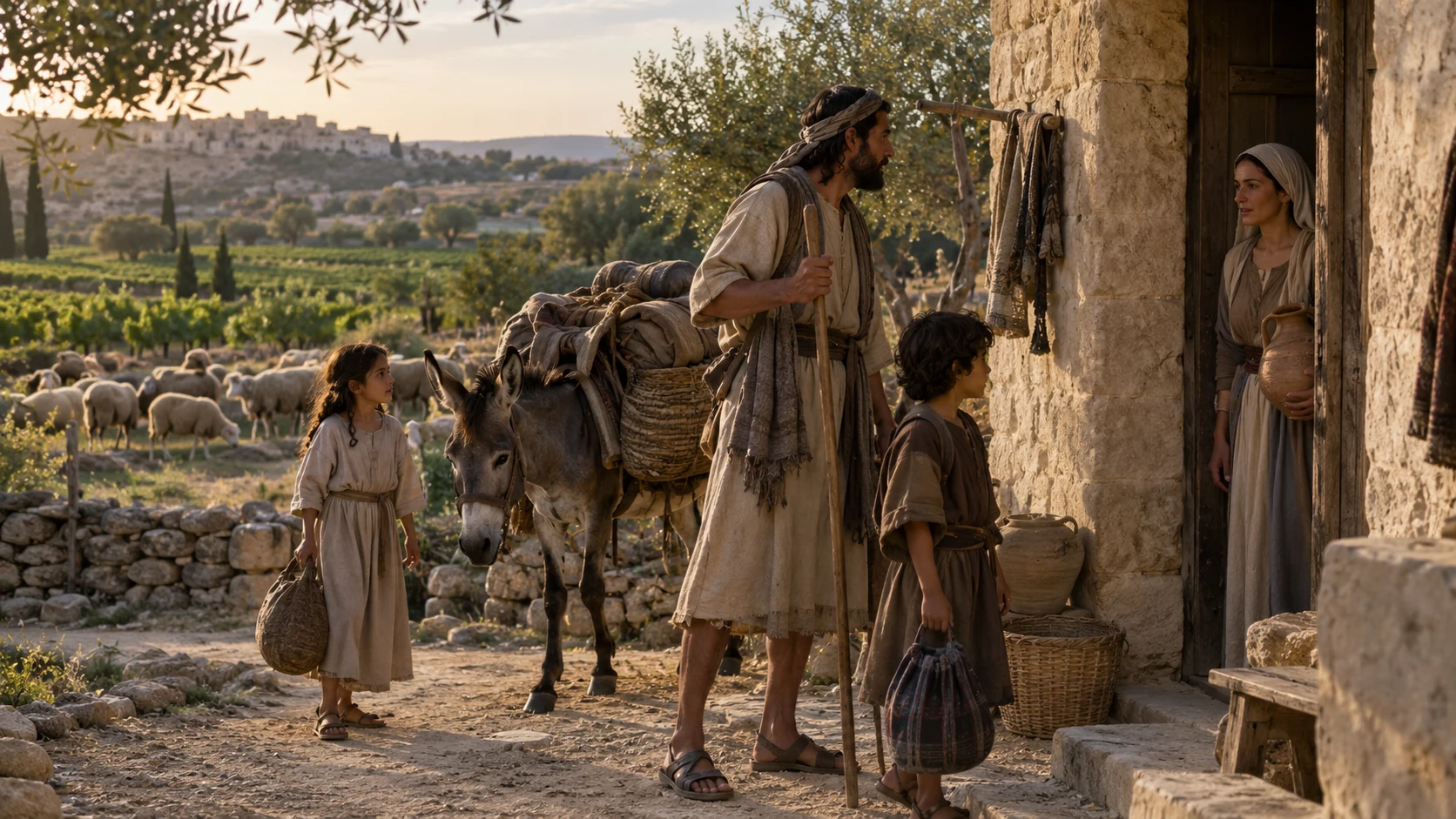 A household meets at a stone threshold beside a laden donkey.