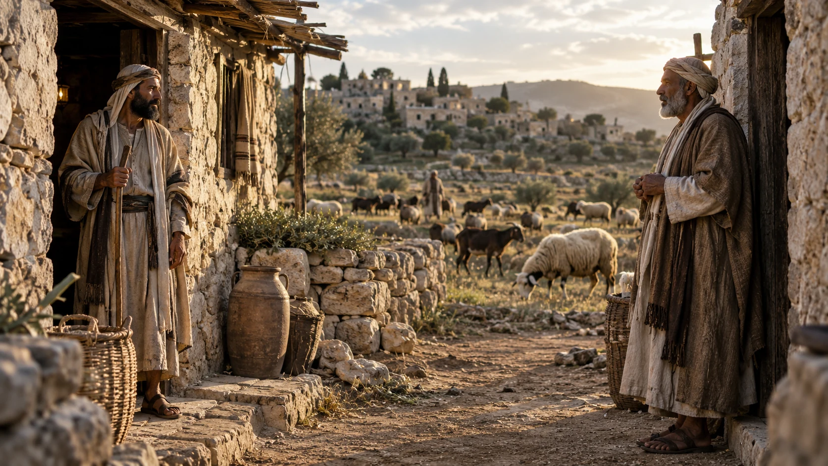 Two elders converse near separate dwelling thresholds above pastureland.