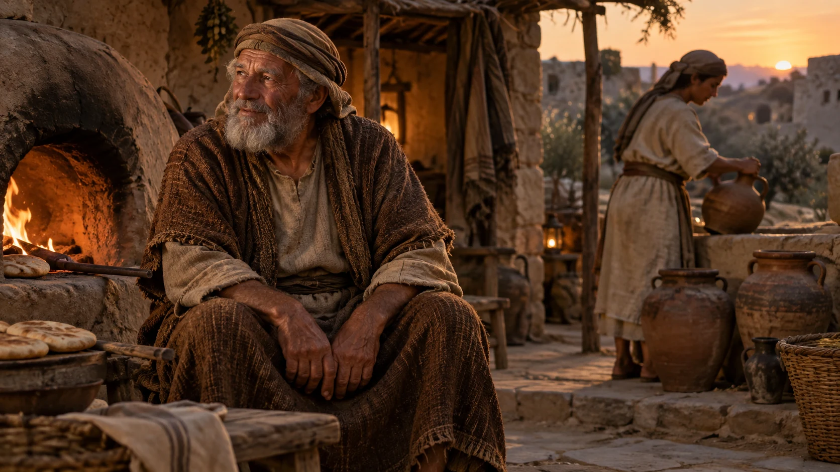 An elder sits beside a clay oven while a younger adult tends household vessels.